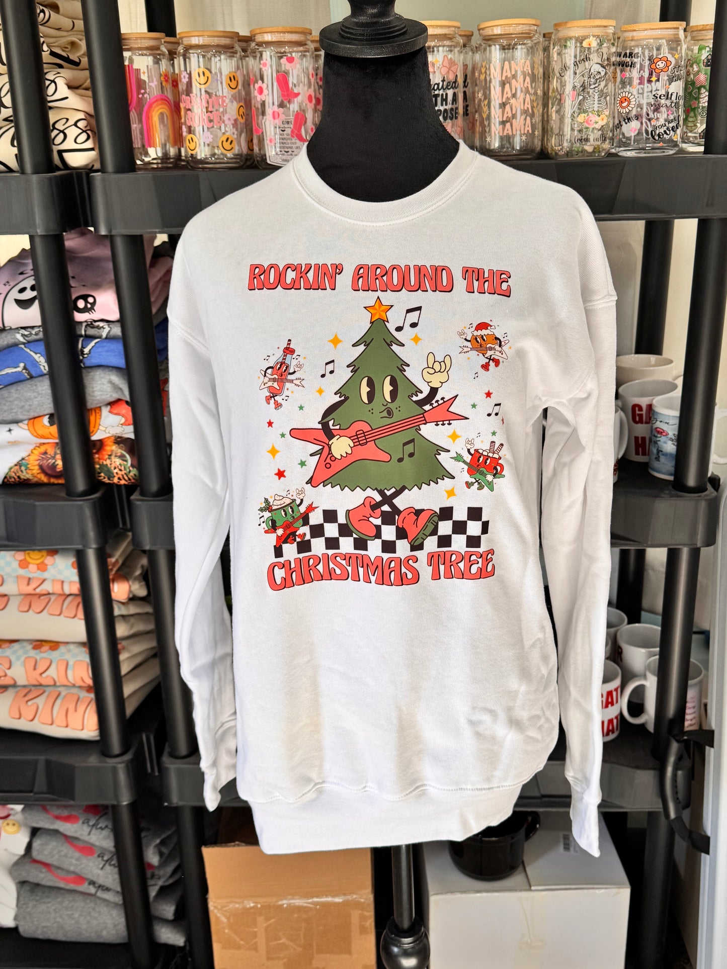 Rockin Around The Christmas Tree Sweatshirt: Cute Christmas Holiday White Crew Neck Sweatshirt