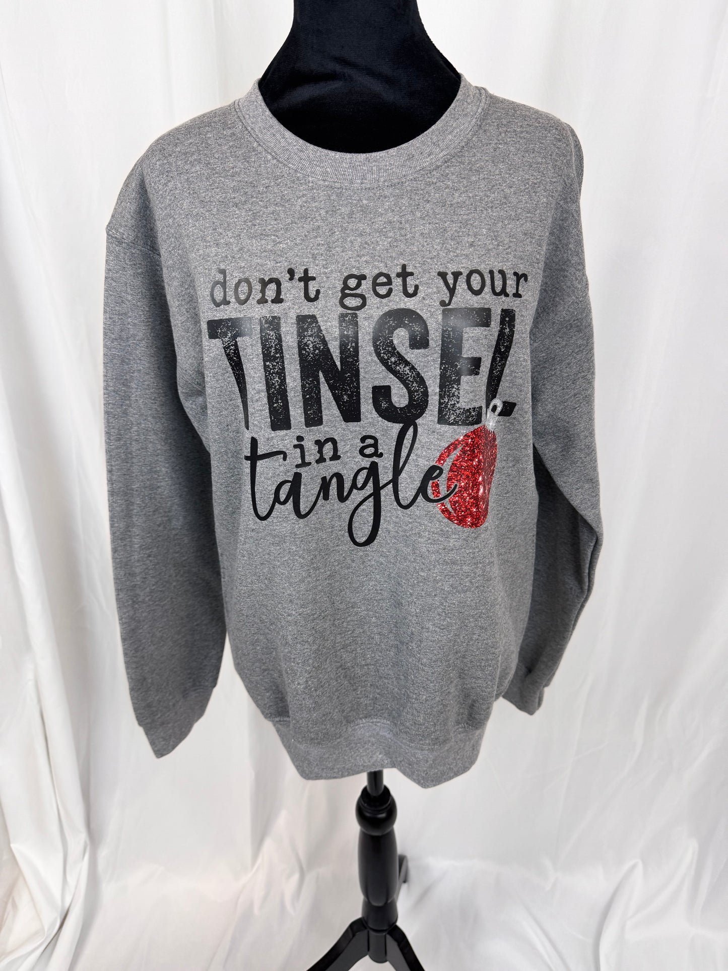 Funny Christmas Sweatshirt: Don't Get Your Tinsel In A Tangle, Heather Grey Color Crewneck