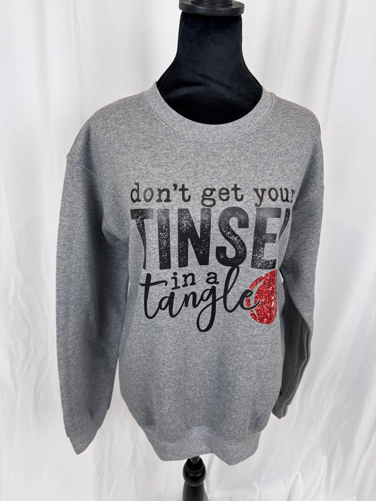 Funny Christmas Sweatshirt: Don't Get Your Tinsel In A Tangle, Heather Grey Color Crewneck