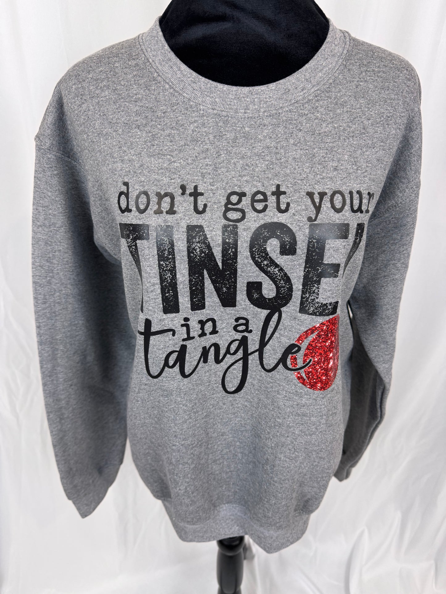 Funny Christmas Sweatshirt: Don't Get Your Tinsel In A Tangle, Heather Grey Color Crewneck