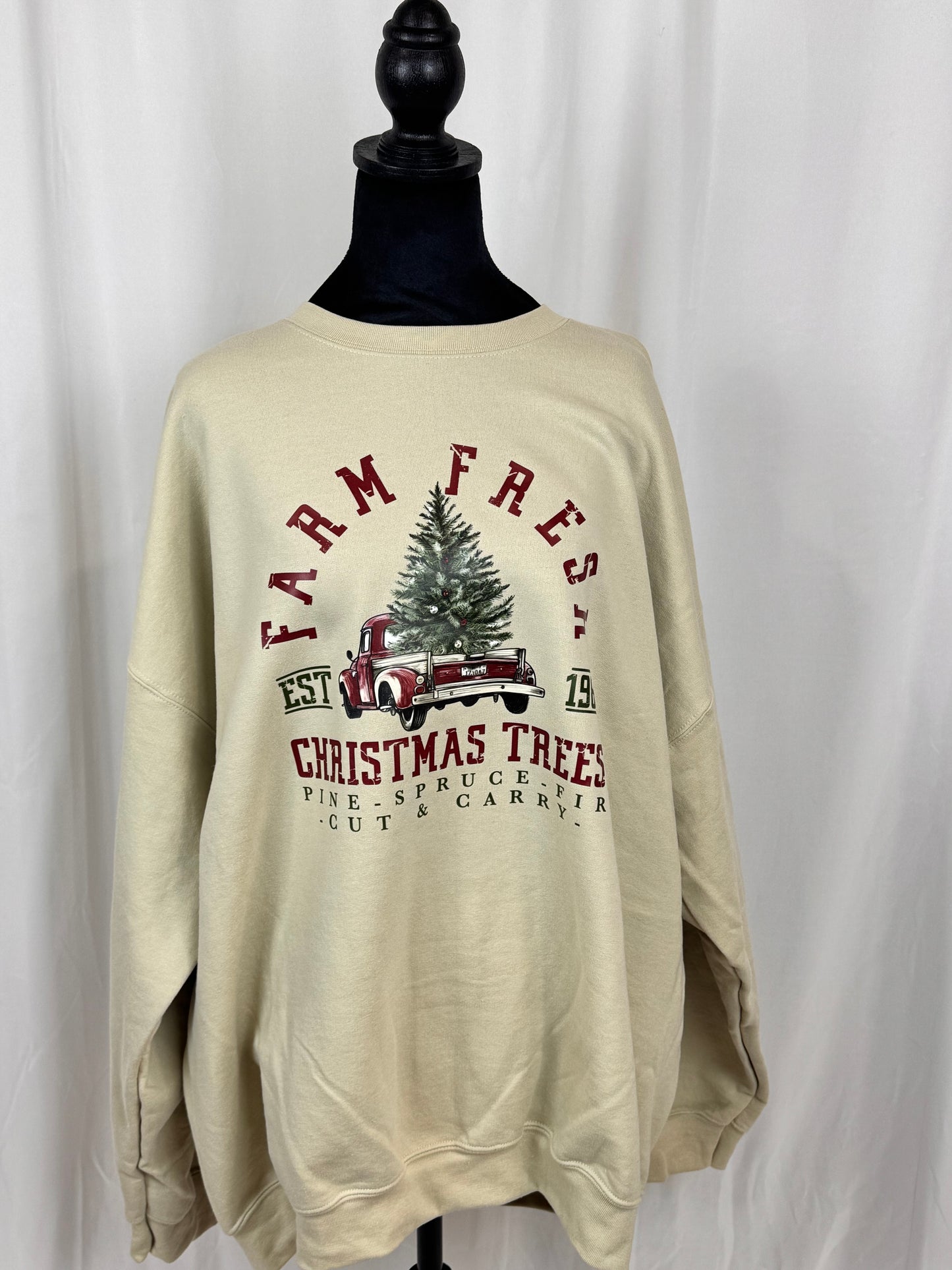 Cozy Christmas Sweatshirt: Farm Fresh Christmas Trees, Gildan Softstyle Crewneck In Sand