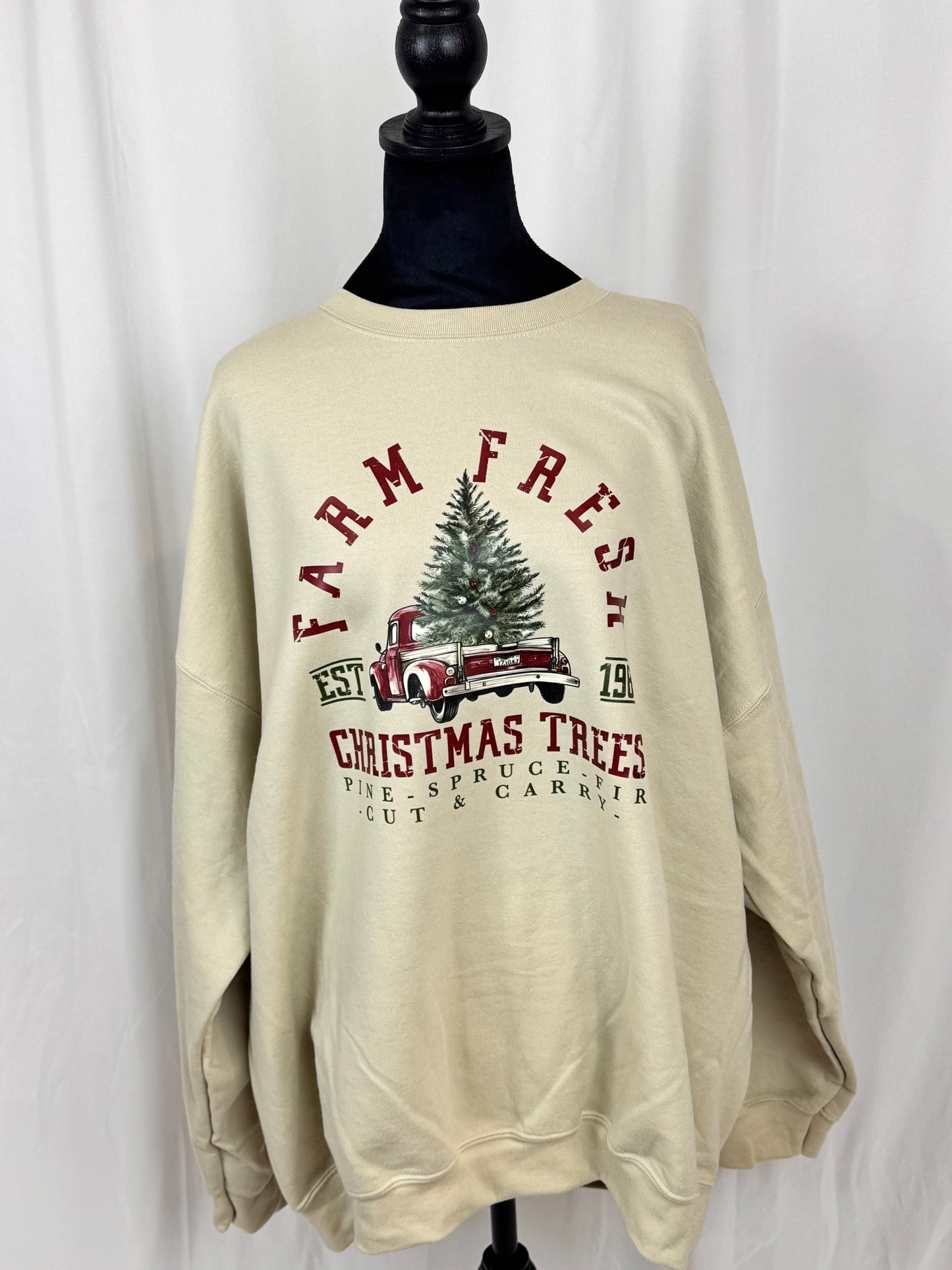 Cozy Christmas Sweatshirt: Farm Fresh Christmas Trees, Gildan Softstyle Crewneck In Sand