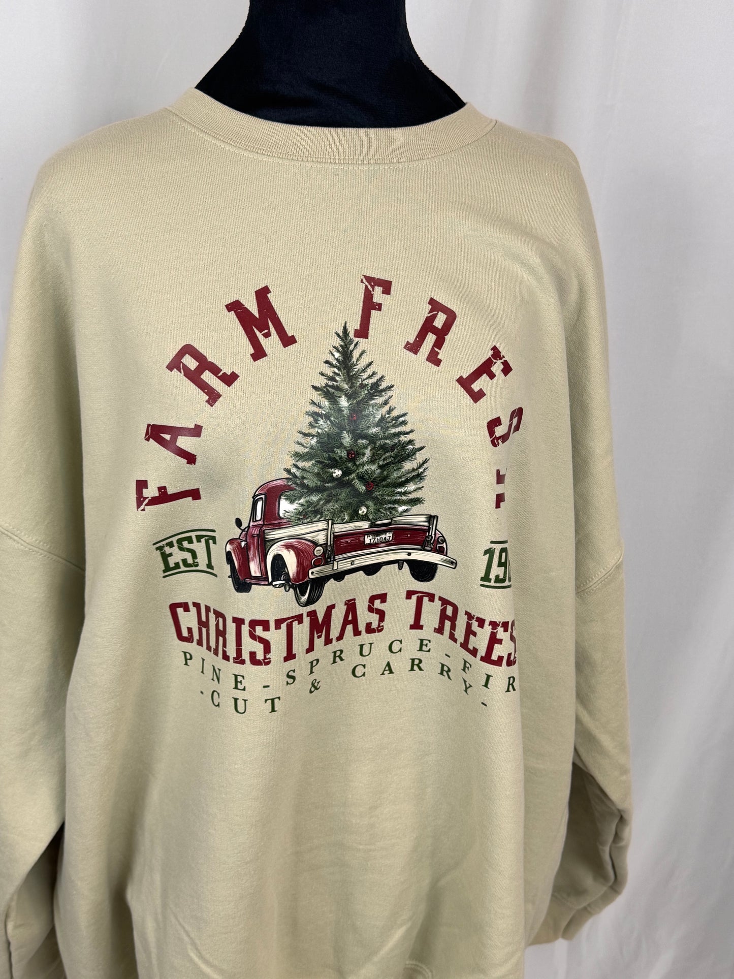 Cozy Christmas Sweatshirt: Farm Fresh Christmas Trees, Gildan Softstyle Crewneck In Sand