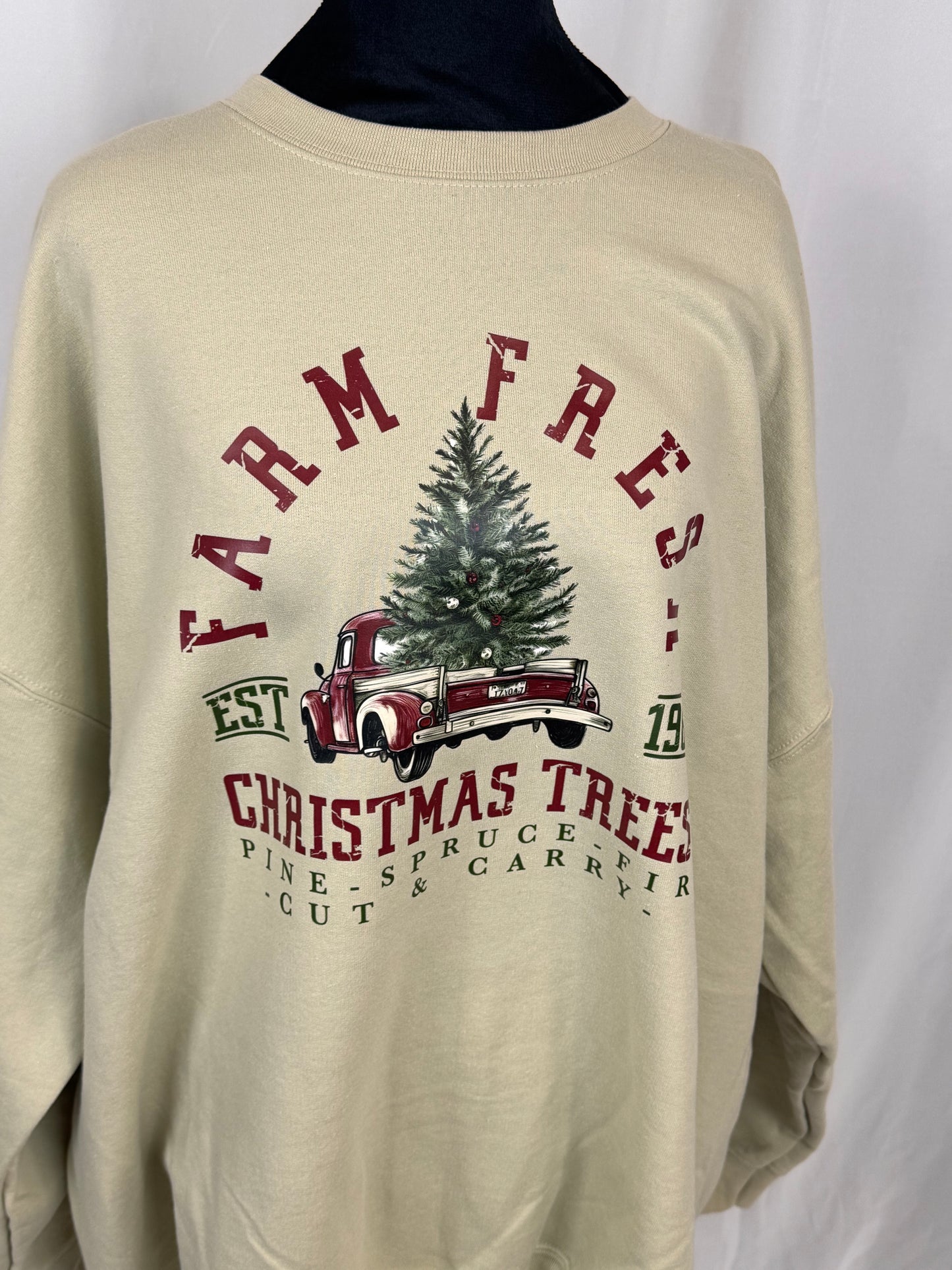 Cozy Christmas Sweatshirt: Farm Fresh Christmas Trees, Gildan Softstyle Crewneck In Sand