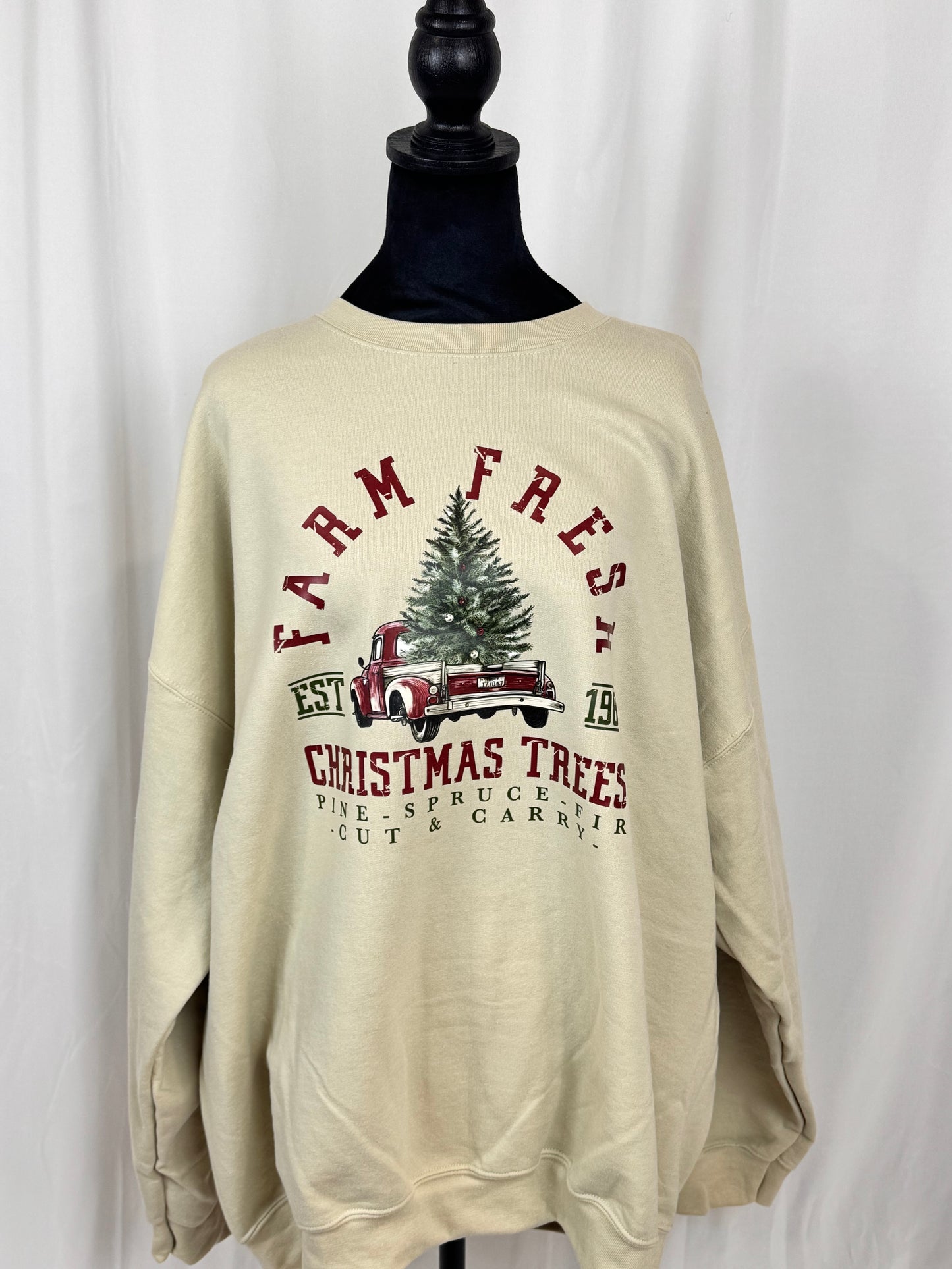 Cozy Christmas Sweatshirt: Farm Fresh Christmas Trees, Gildan Softstyle Crewneck In Sand