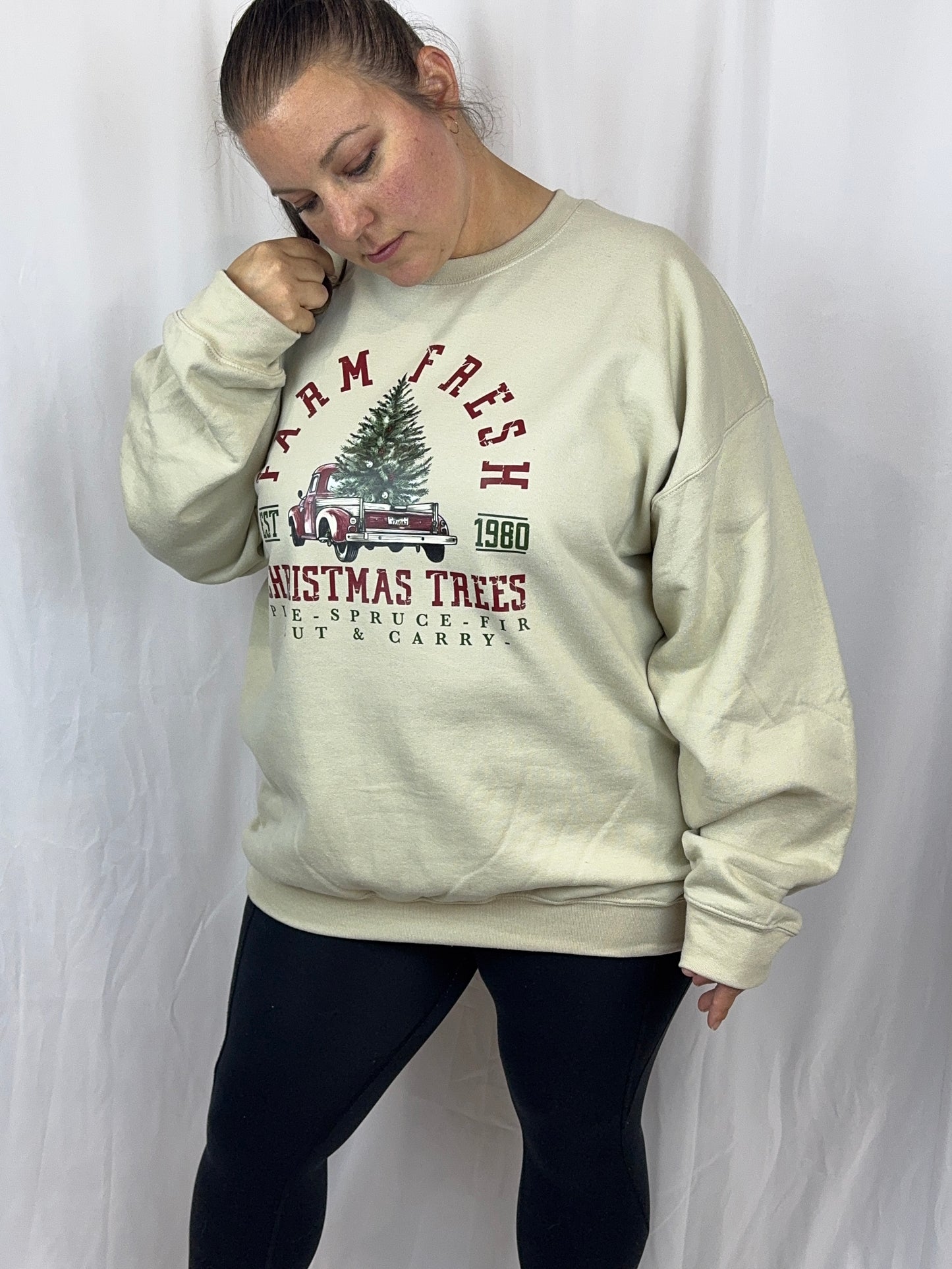 Cozy Christmas Sweatshirt: Farm Fresh Christmas Trees, Gildan Softstyle Crewneck In Sand