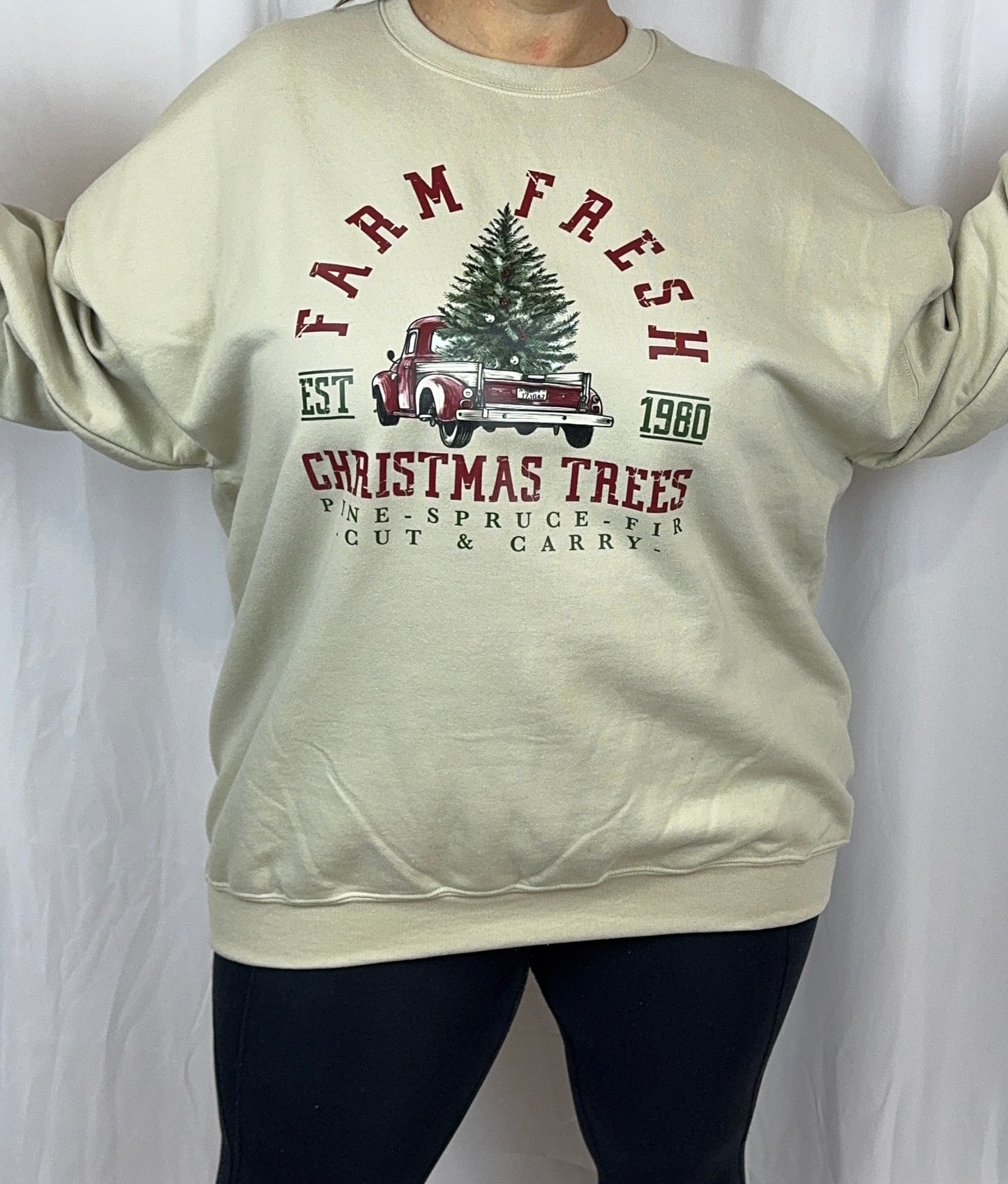 Cozy Christmas Sweatshirt: Farm Fresh Christmas Trees, Gildan Softstyle Crewneck In Sand