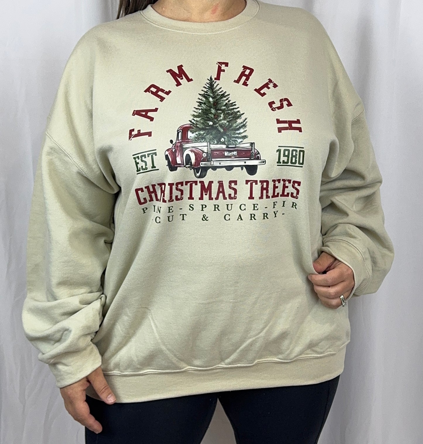 Cozy Christmas Sweatshirt: Farm Fresh Christmas Trees, Gildan Softstyle Crewneck In Sand