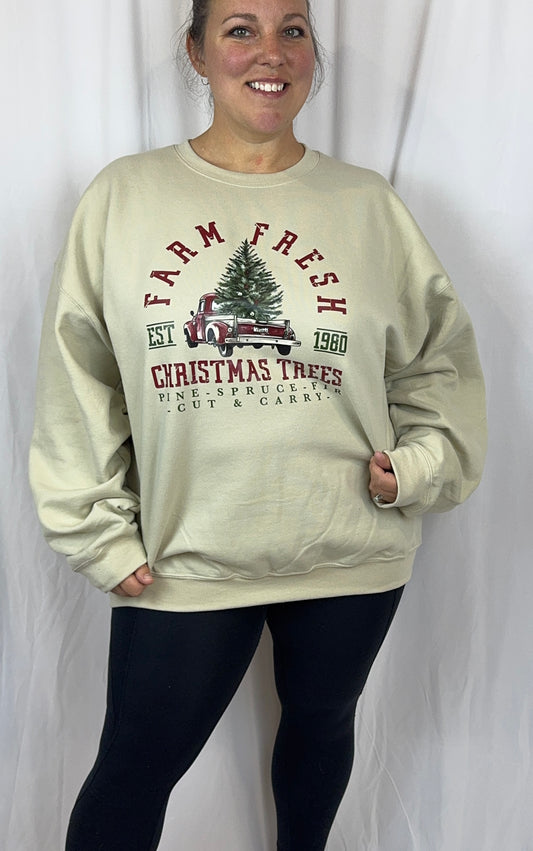 Cozy Christmas Sweatshirt: Farm Fresh Christmas Trees, Gildan Softstyle Crewneck In Sand