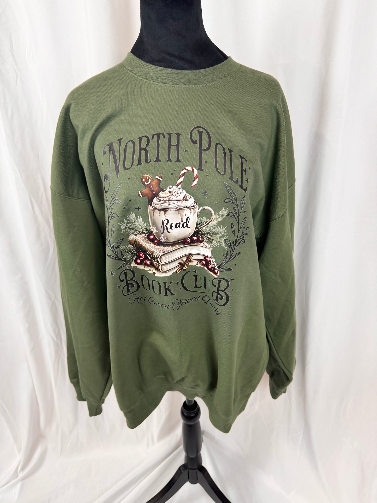 North Pole Book Club Cozy Sweatshirt: Military Green Crew Neck Sweatshirt