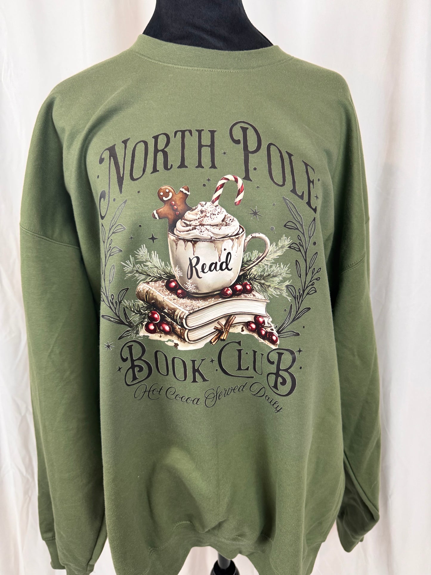 North Pole Book Club Cozy Sweatshirt: Military Green Crew Neck Sweatshirt