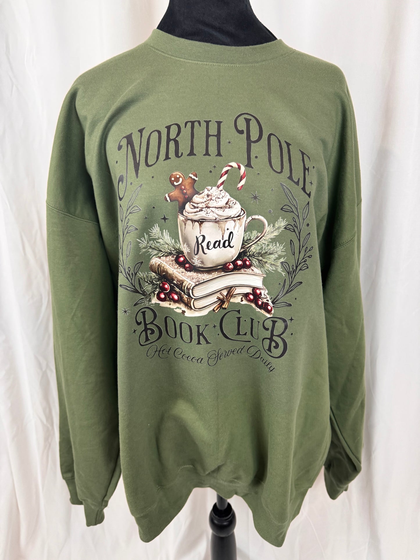 North Pole Book Club Cozy Sweatshirt: Military Green Crew Neck Sweatshirt