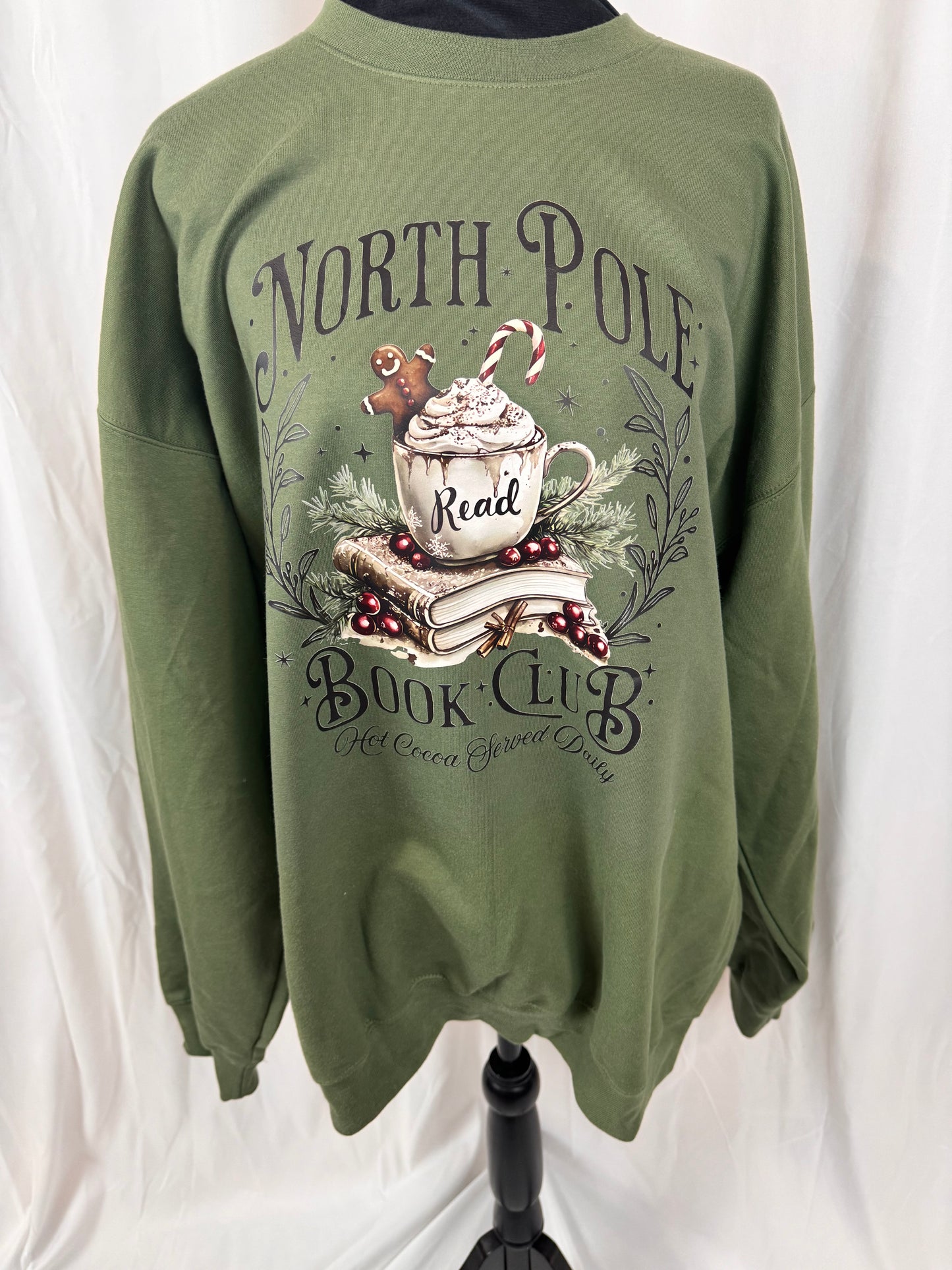 North Pole Book Club Cozy Sweatshirt: Military Green Crew Neck Sweatshirt