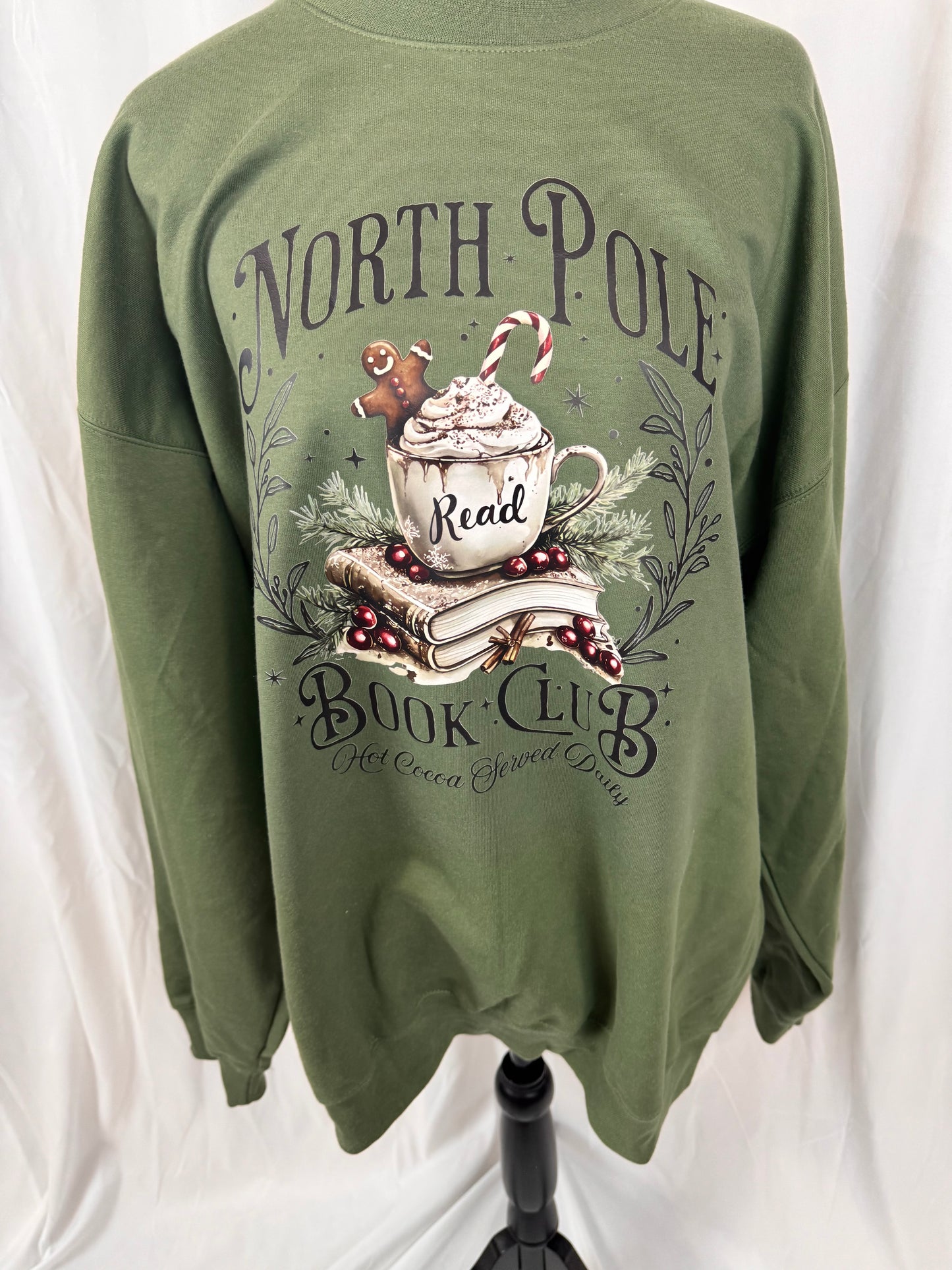 North Pole Book Club Cozy Sweatshirt: Military Green Crew Neck Sweatshirt