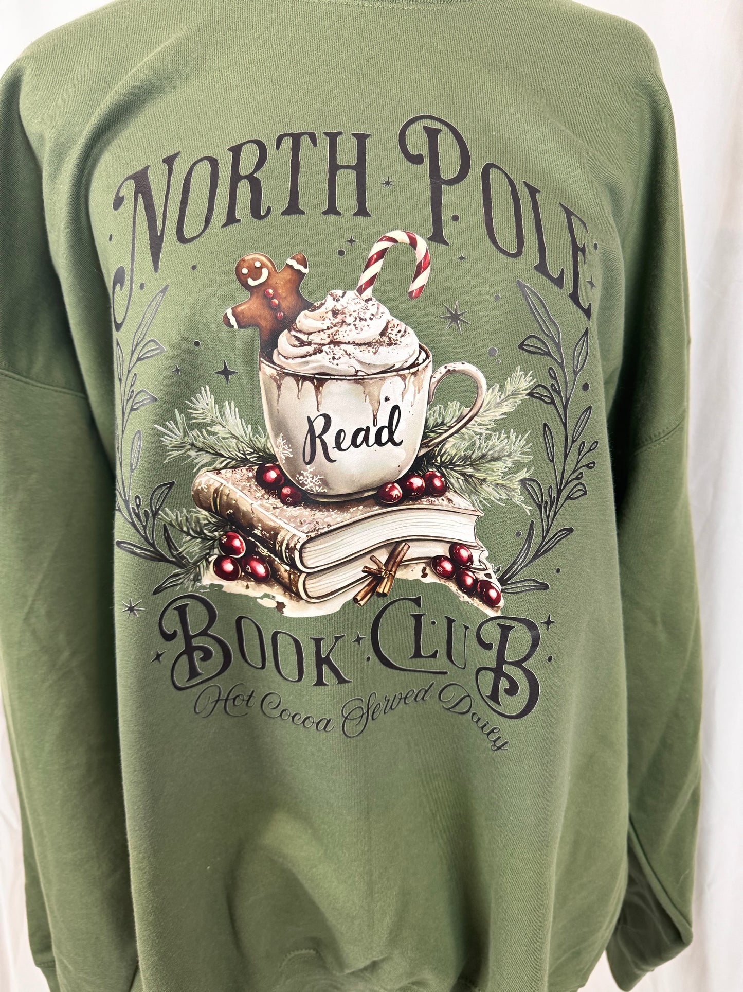 North Pole Book Club Cozy Sweatshirt: Military Green Crew Neck Sweatshirt