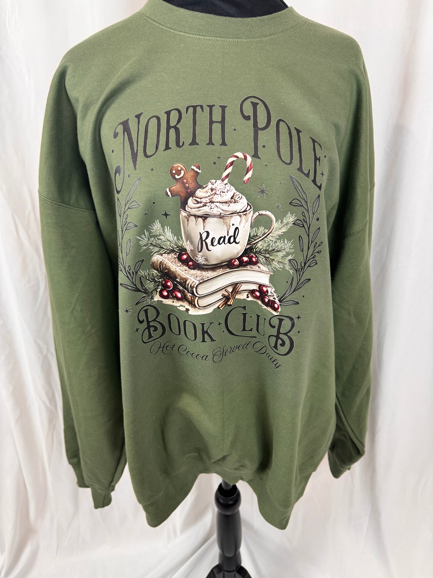 North Pole Book Club Cozy Sweatshirt: Military Green Crew Neck Sweatshirt
