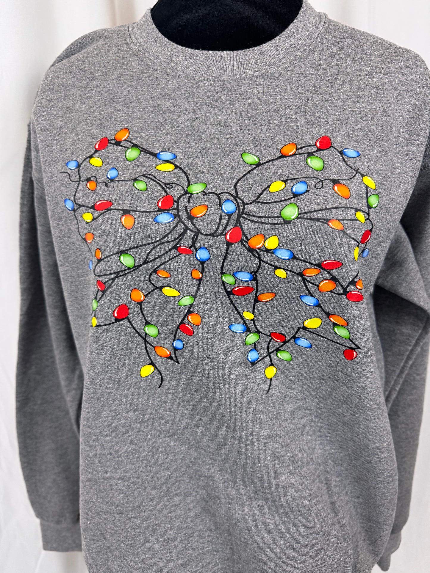 Cozy Christmas Sweatshirt: Coquette Bow Decorated With Christmas Lights, Heather Grey Color Crewneck
