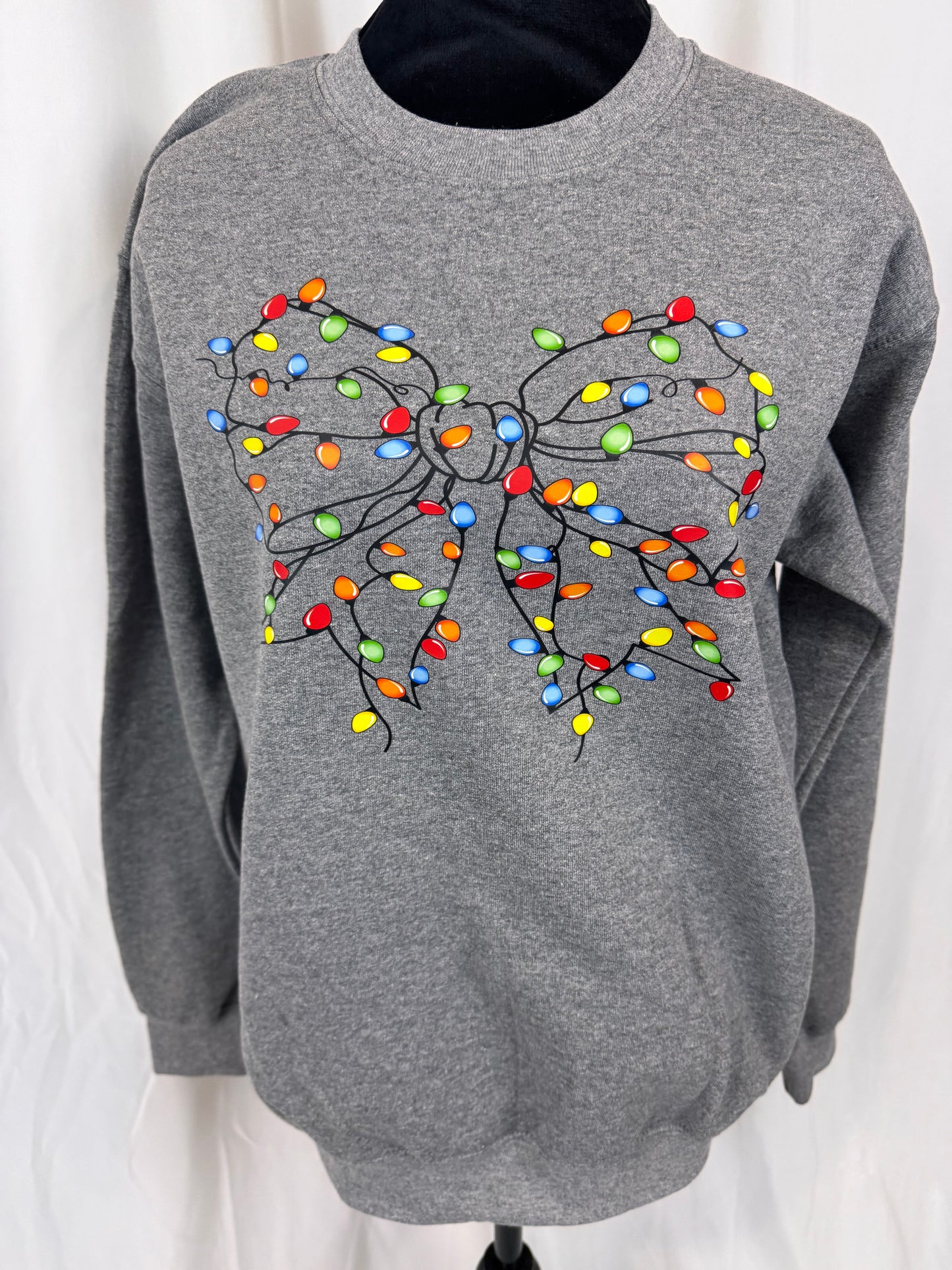 Cozy Christmas Sweatshirt: Coquette Bow Decorated With Christmas Lights, Heather Grey Color Crewneck