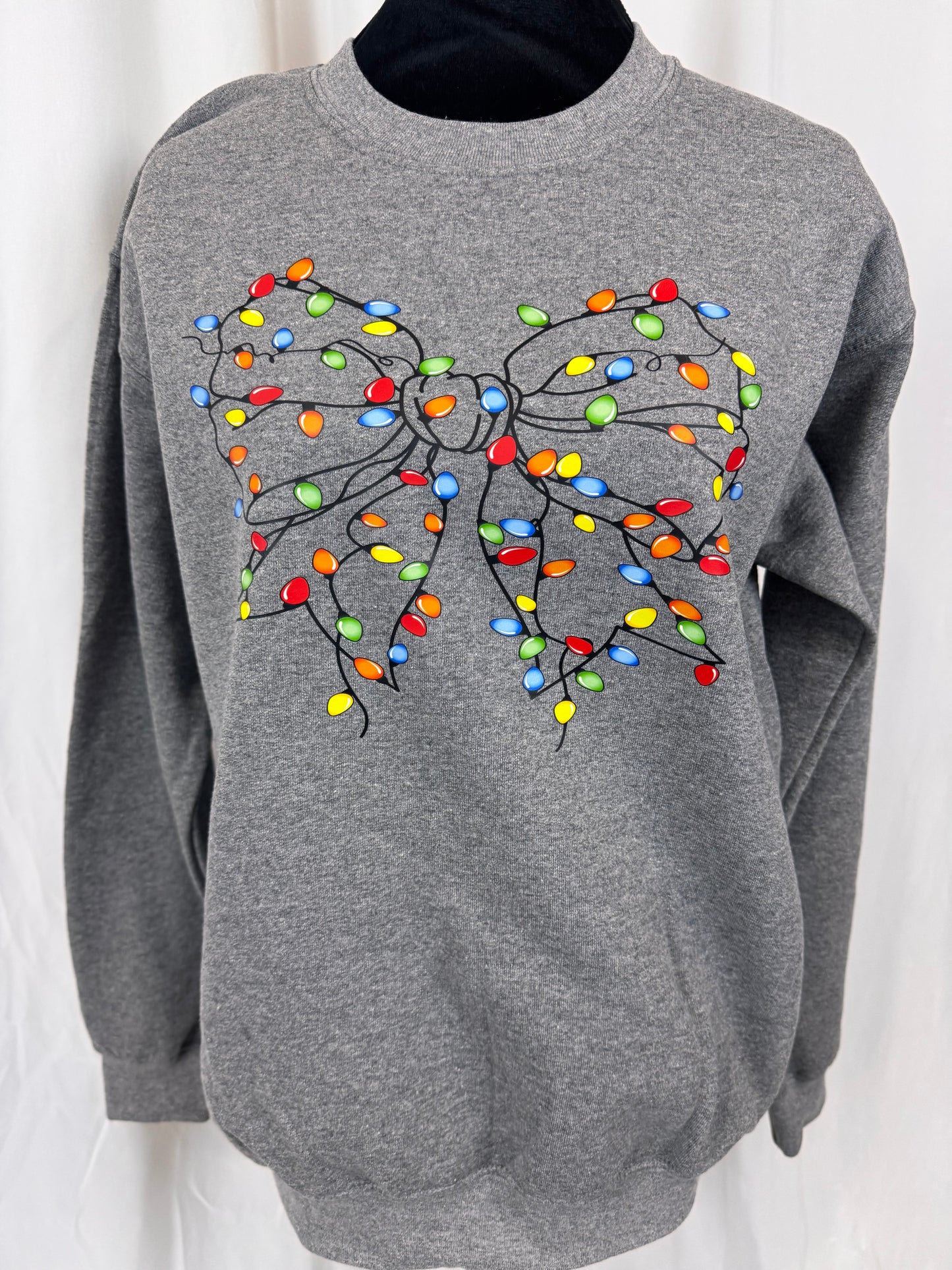 Cozy Christmas Sweatshirt: Coquette Bow Decorated With Christmas Lights, Heather Grey Color Crewneck