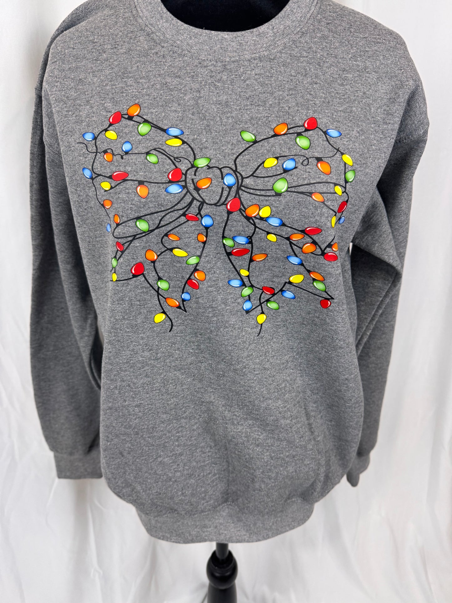 Cozy Christmas Sweatshirt: Coquette Bow Decorated With Christmas Lights, Heather Grey Color Crewneck