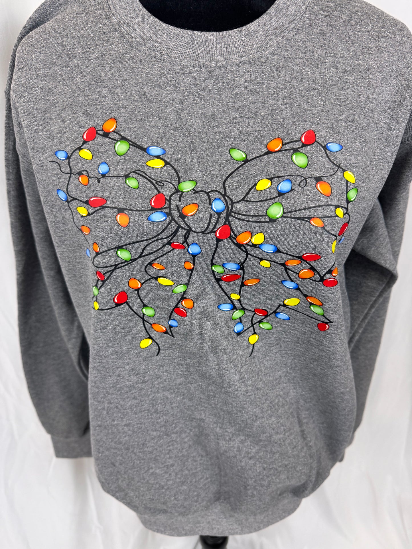 Cozy Christmas Sweatshirt: Coquette Bow Decorated With Christmas Lights, Heather Grey Color Crewneck