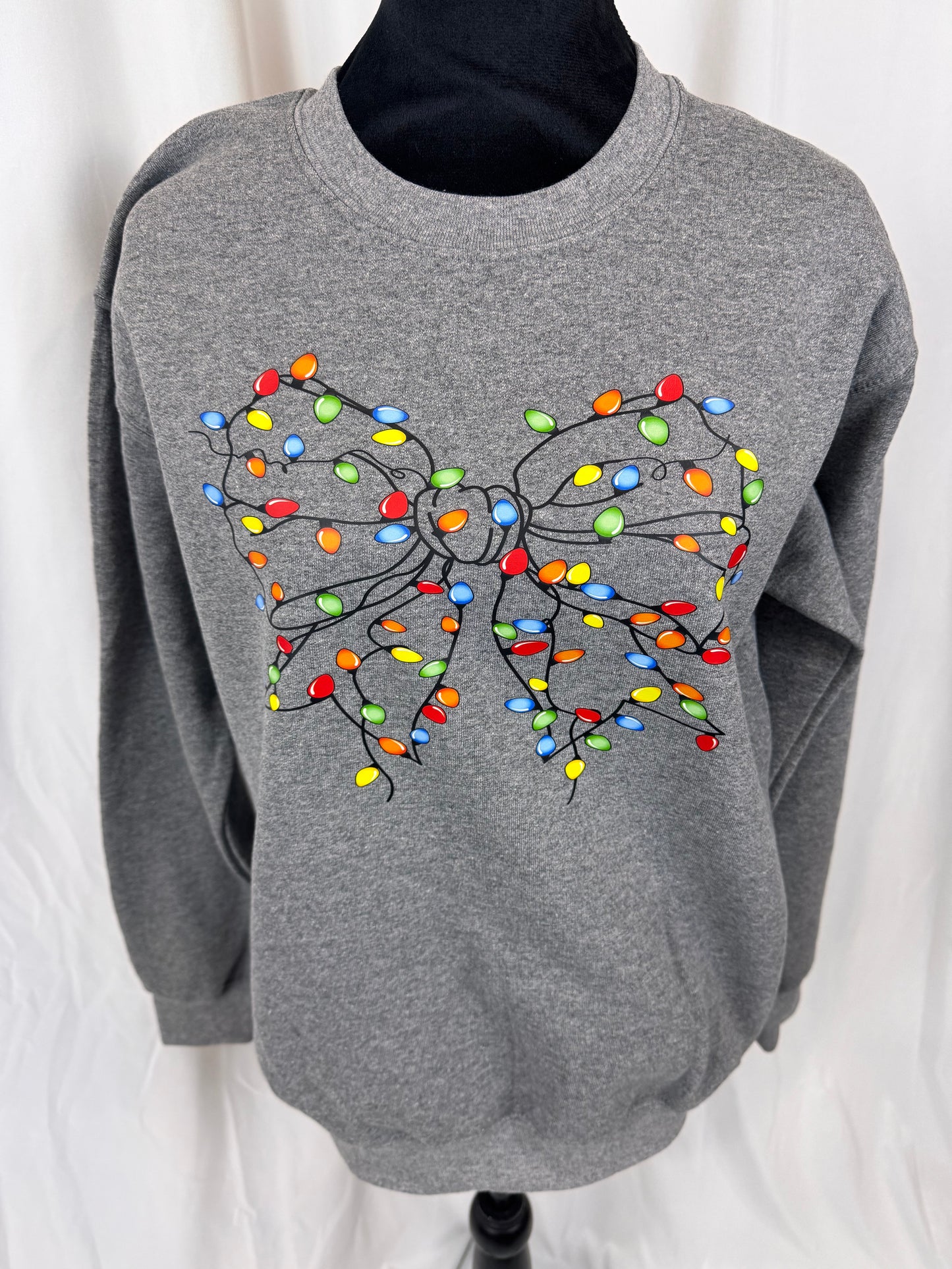 Cozy Christmas Sweatshirt: Coquette Bow Decorated With Christmas Lights, Heather Grey Color Crewneck