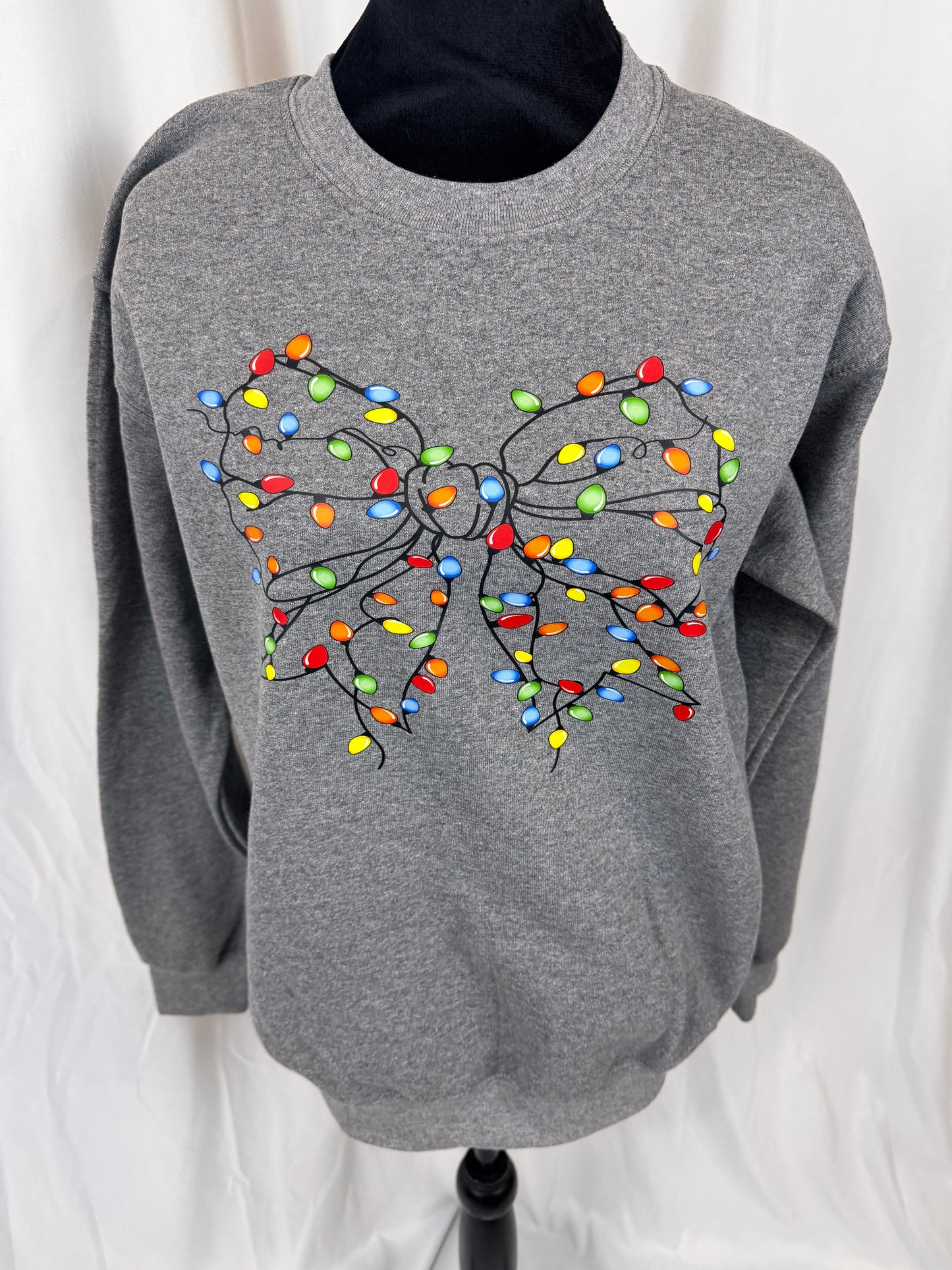 Cozy Christmas Sweatshirt: Coquette Bow Decorated With Christmas Lights, Heather Grey Color Crewneck