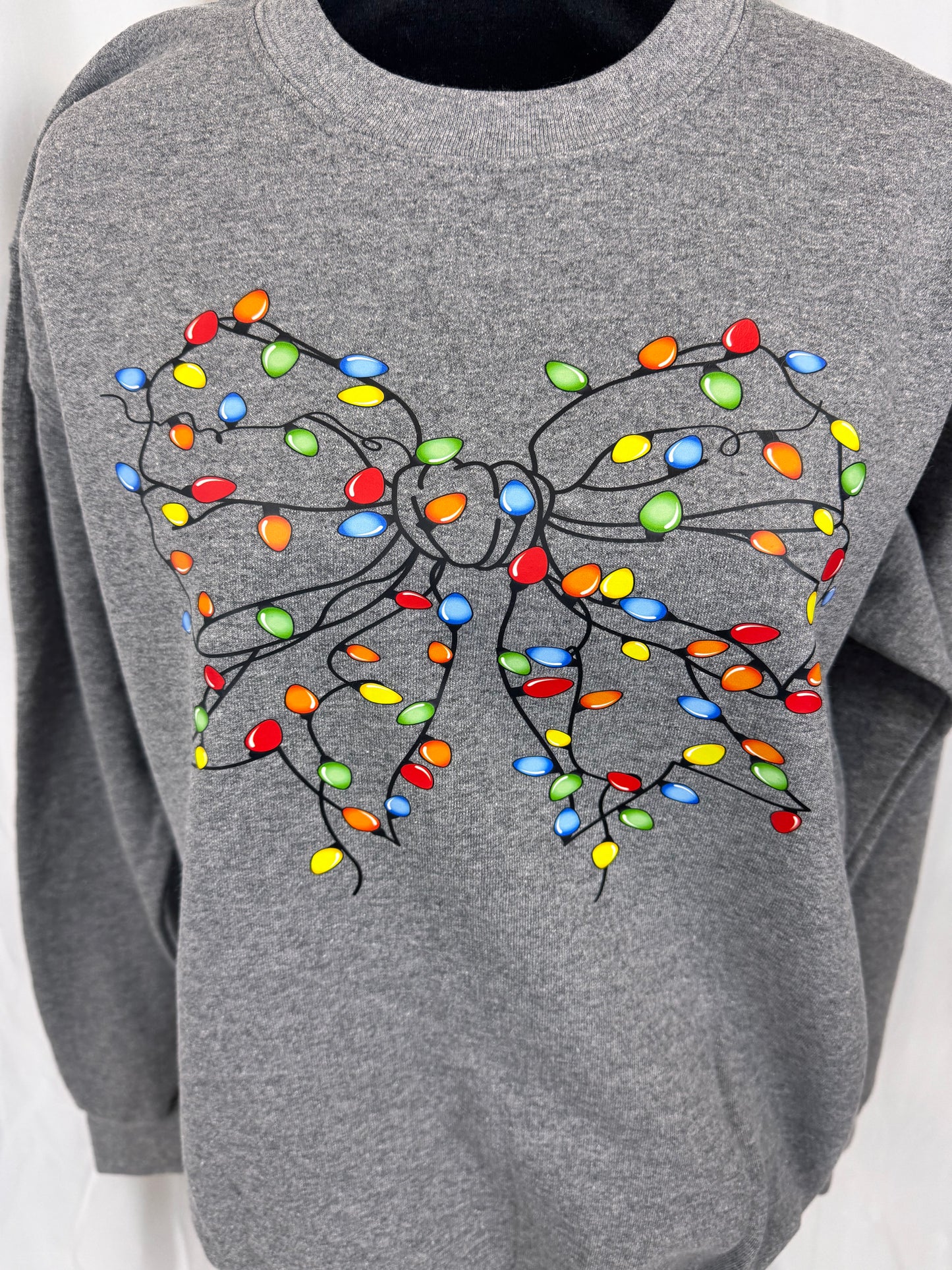 Cozy Christmas Sweatshirt: Coquette Bow Decorated With Christmas Lights, Heather Grey Color Crewneck