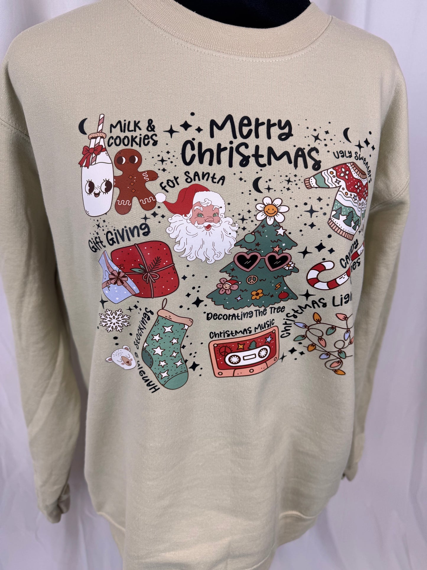 Merry Christmas My Favorite Things Comfy Sweatshirt, Milk and Cookies for Santa, Ugly Sweaters, Gildan Softstyle in Sand