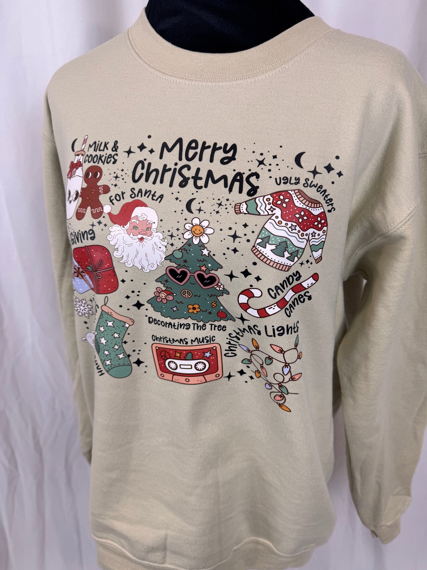 Merry Christmas My Favorite Things Comfy Sweatshirt, Milk and Cookies for Santa, Ugly Sweaters, Gildan Softstyle in Sand