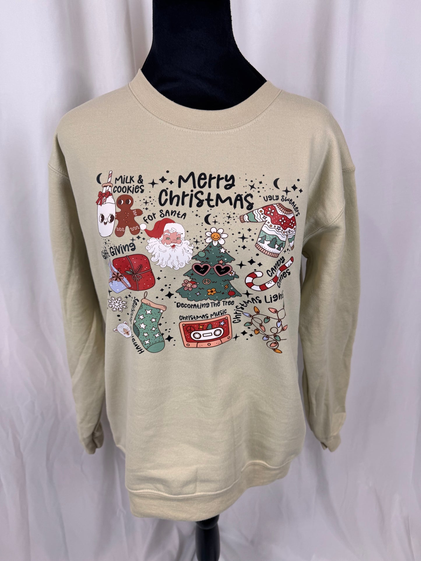 Merry Christmas My Favorite Things Comfy Sweatshirt, Milk and Cookies for Santa, Ugly Sweaters, Gildan Softstyle in Sand