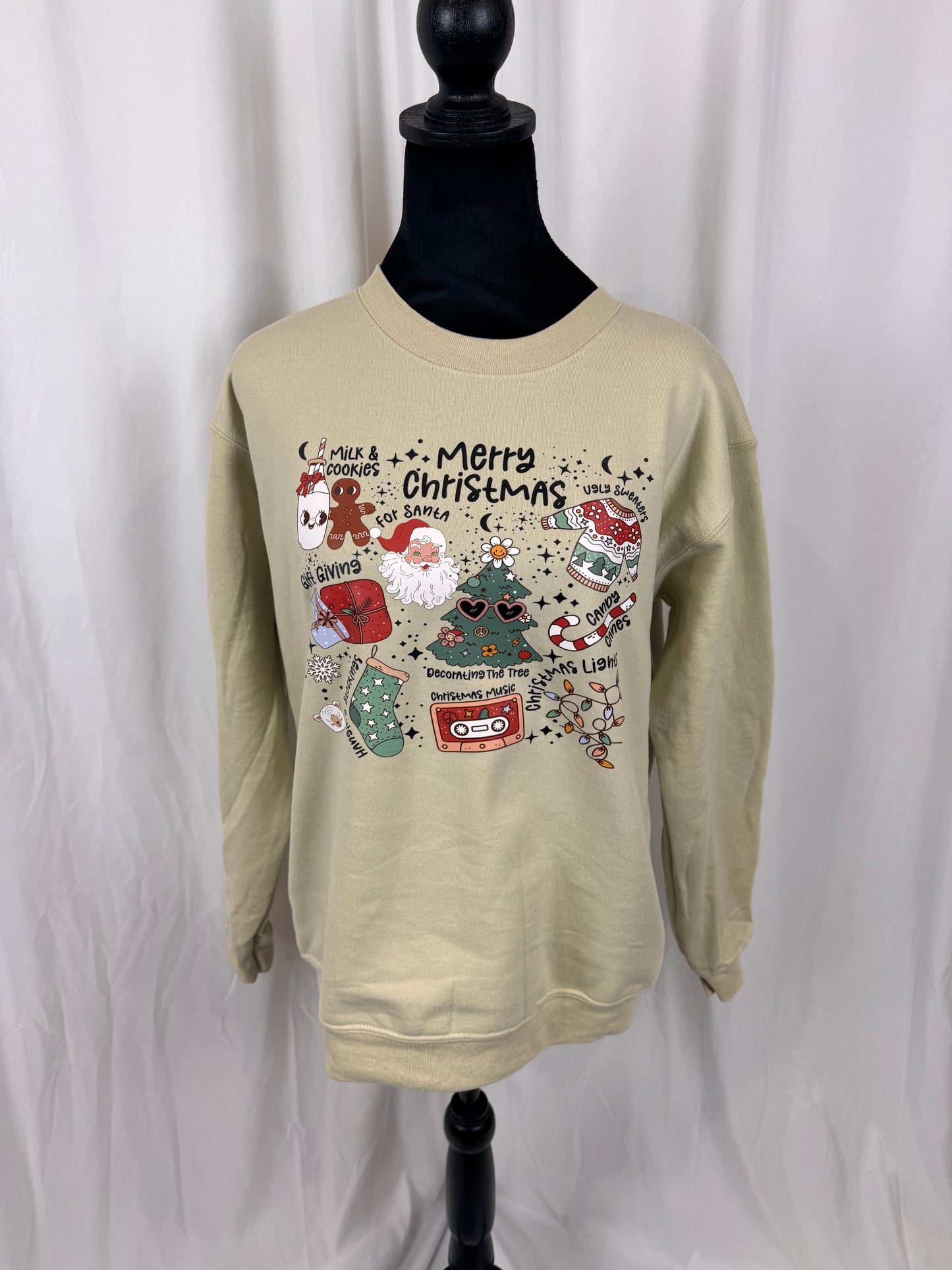 Merry Christmas My Favorite Things Comfy Sweatshirt, Milk and Cookies for Santa, Ugly Sweaters, Gildan Softstyle in Sand