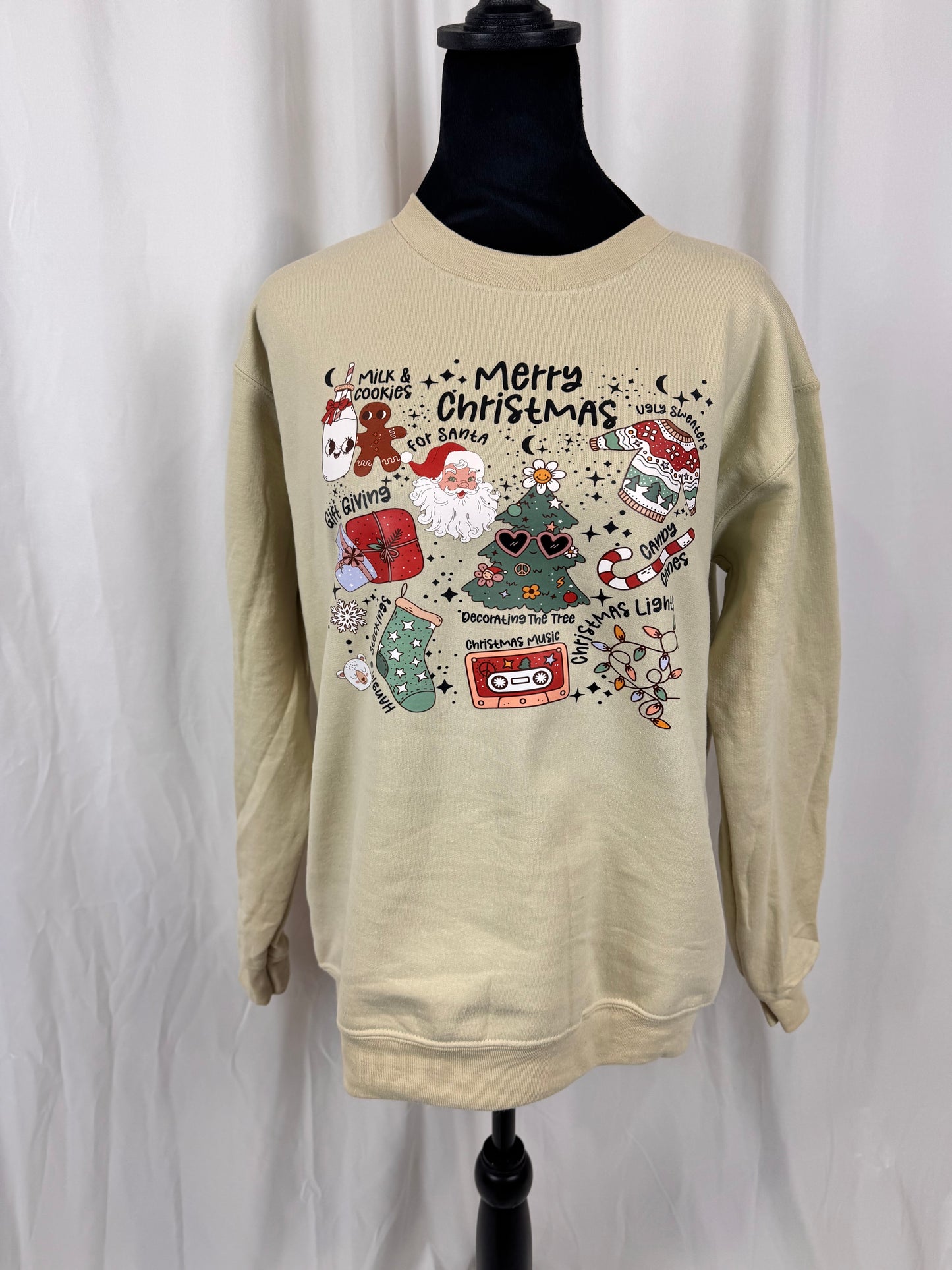 Merry Christmas My Favorite Things Comfy Sweatshirt, Milk and Cookies for Santa, Ugly Sweaters, Gildan Softstyle in Sand
