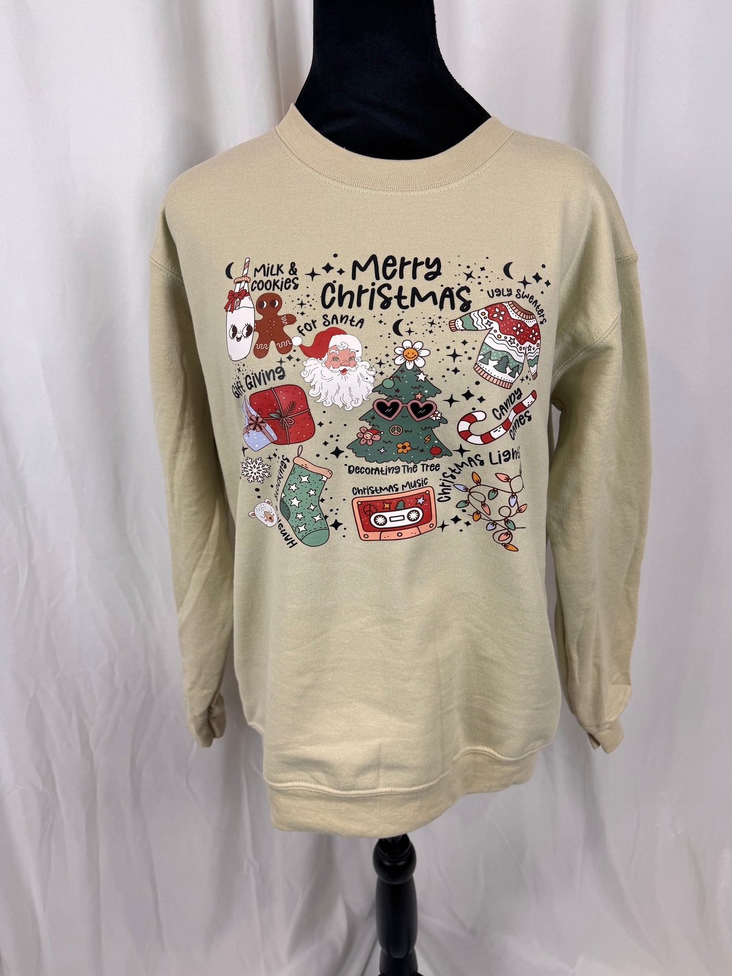 Merry Christmas My Favorite Things Comfy Sweatshirt, Milk and Cookies for Santa, Ugly Sweaters, Gildan Softstyle in Sand