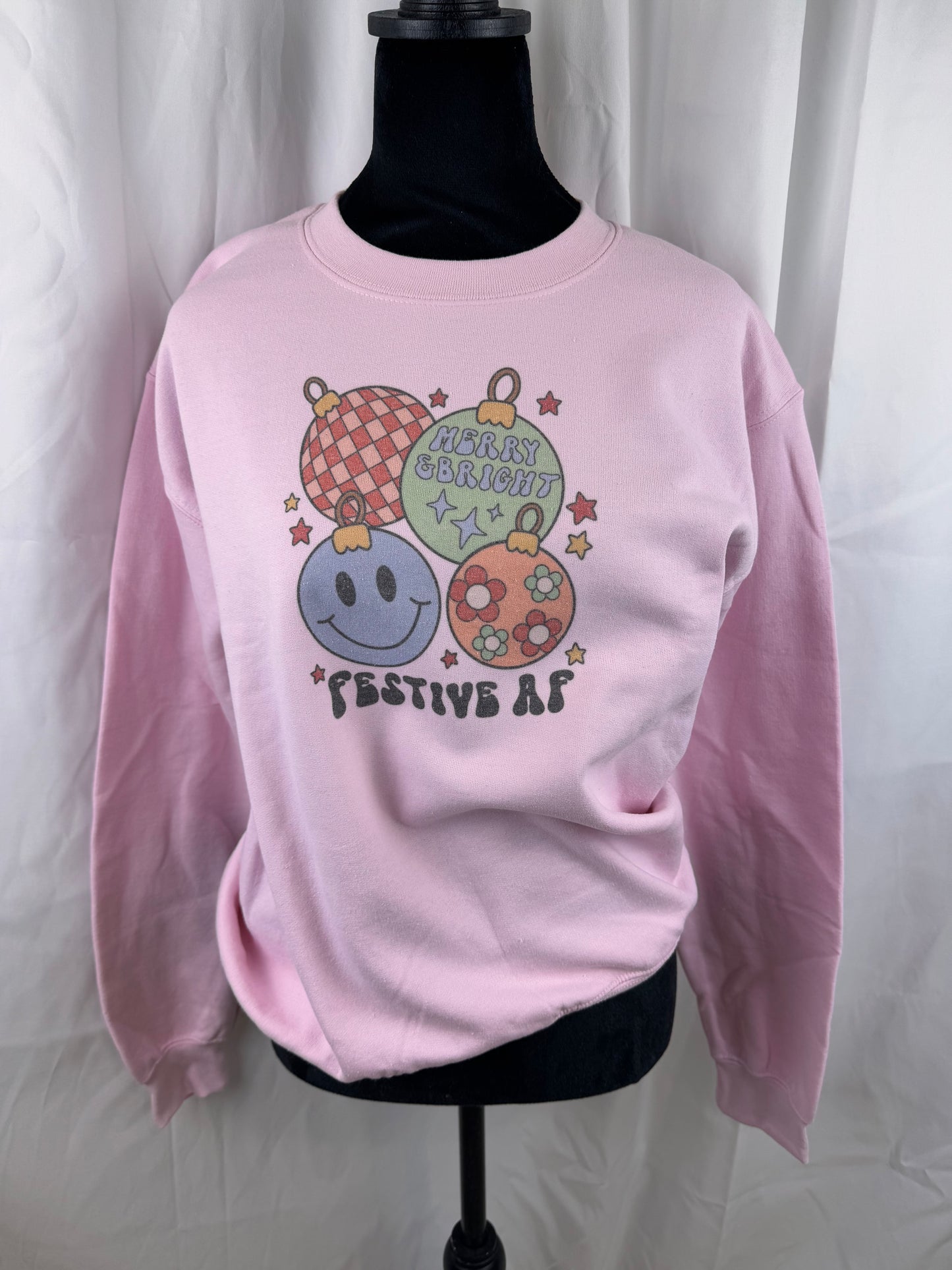 Merry Bright Festive AF Retro Ornaments Holiday Sweatshirt, Sublimated Christmas Shirt