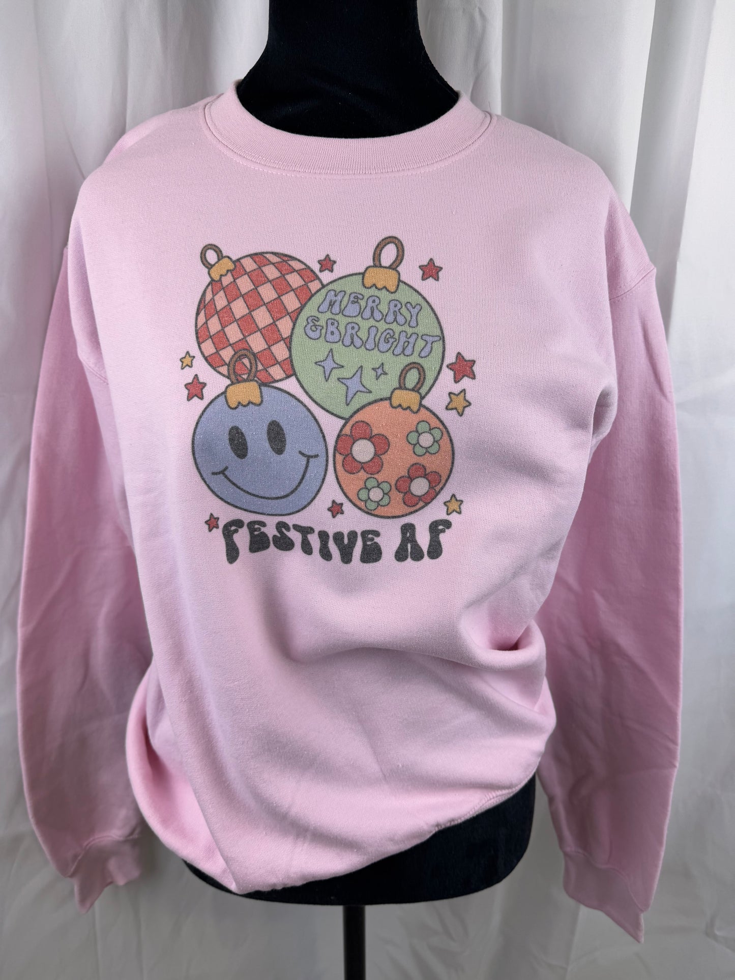 Merry Bright Festive AF Retro Ornaments Holiday Sweatshirt, Sublimated Christmas Shirt