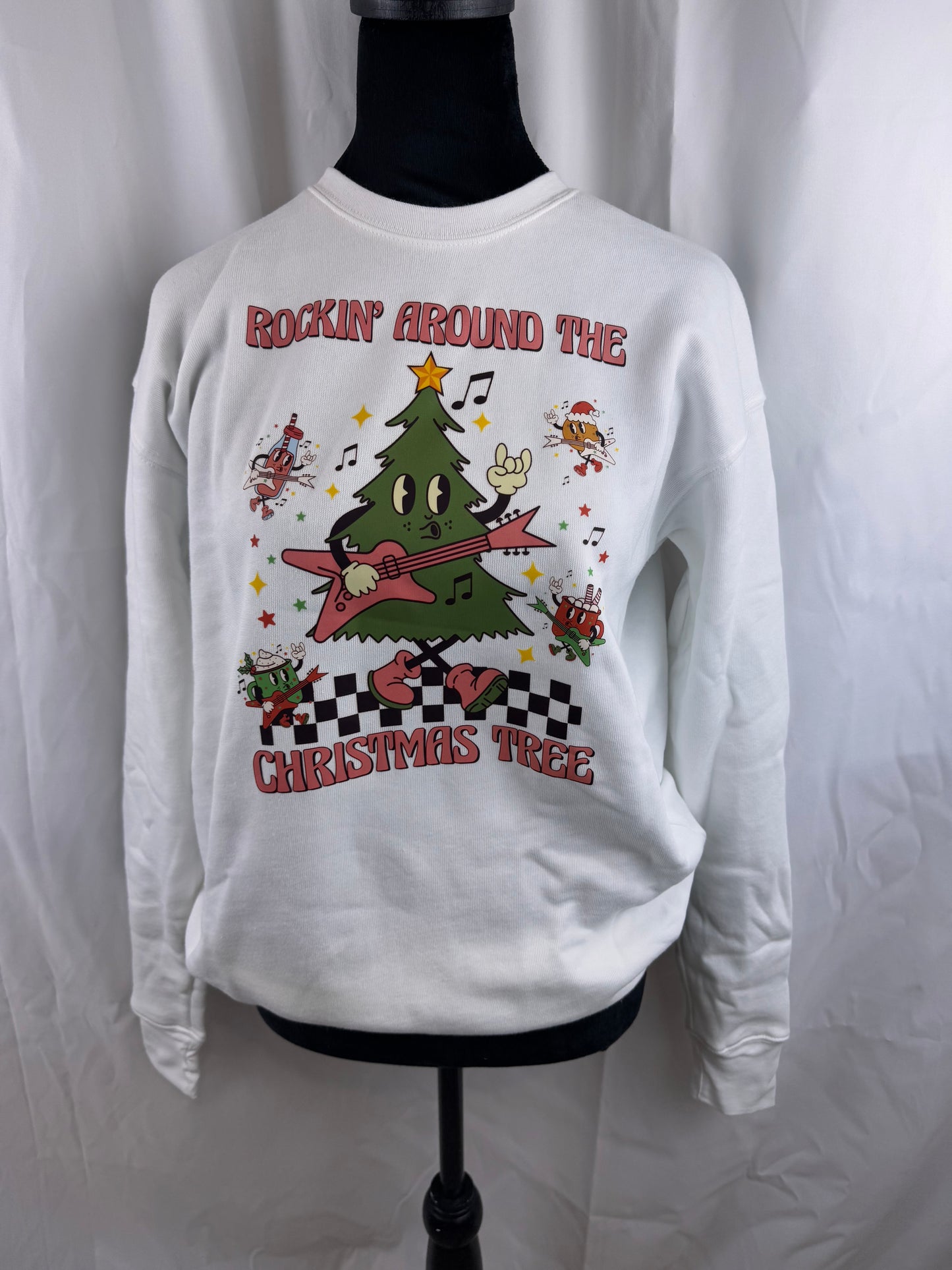 Rockin Around The Christmas Tree Sweatshirt: Cute Christmas Holiday White Crew Neck Sweatshirt