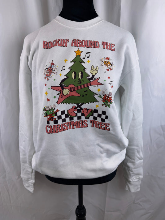 Rockin Around The Christmas Tree Sweatshirt: Cute Christmas Holiday White Crew Neck Sweatshirt