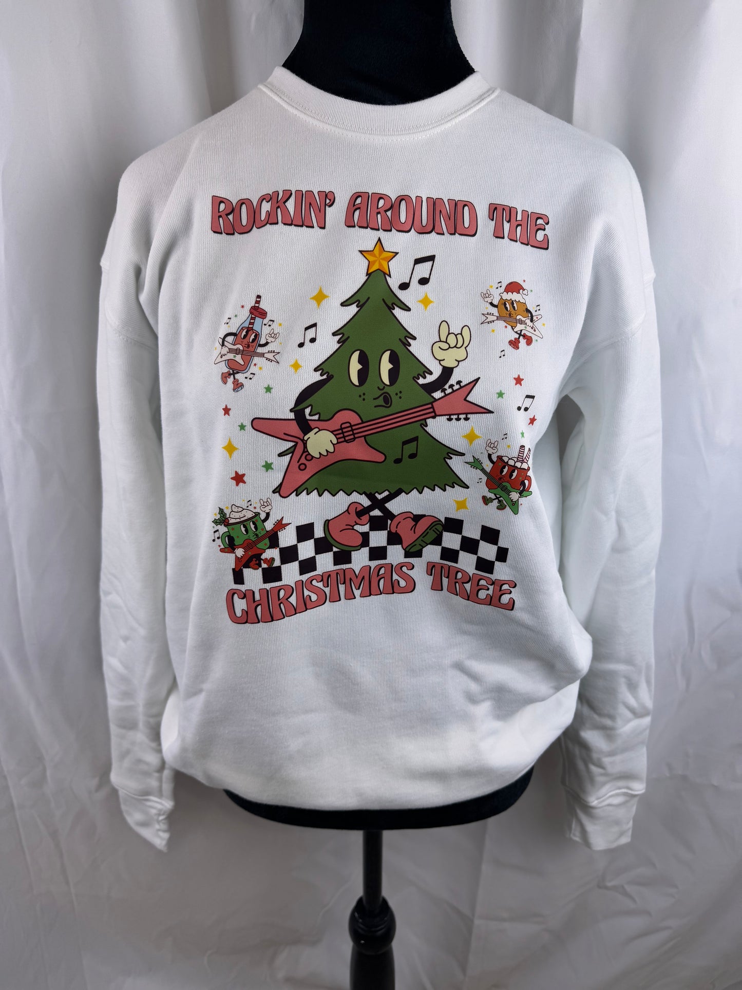 Rockin Around The Christmas Tree Sweatshirt: Cute Christmas Holiday White Crew Neck Sweatshirt