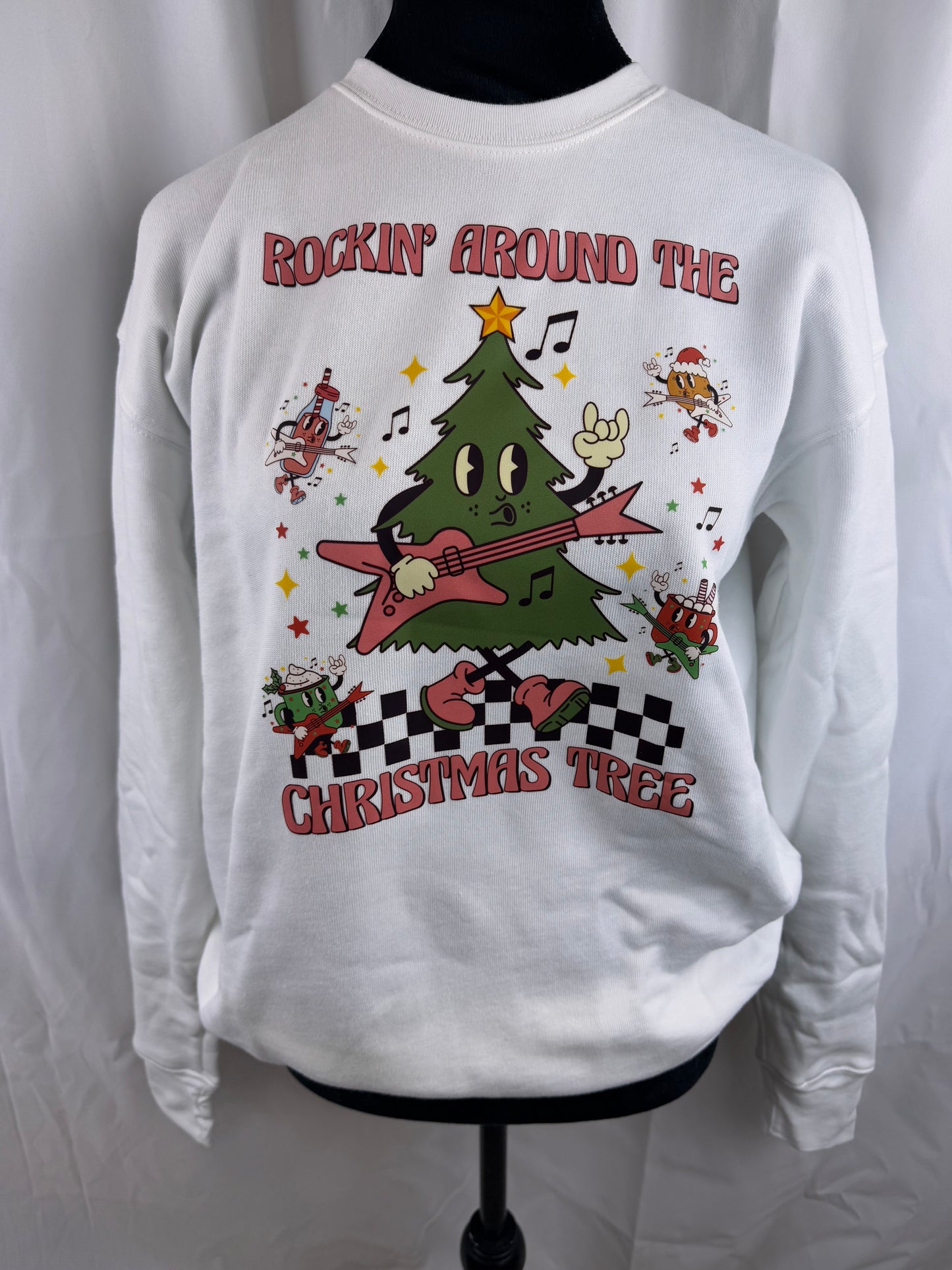 Rockin Around The Christmas Tree Sweatshirt: Cute Christmas Holiday White Crew Neck Sweatshirt