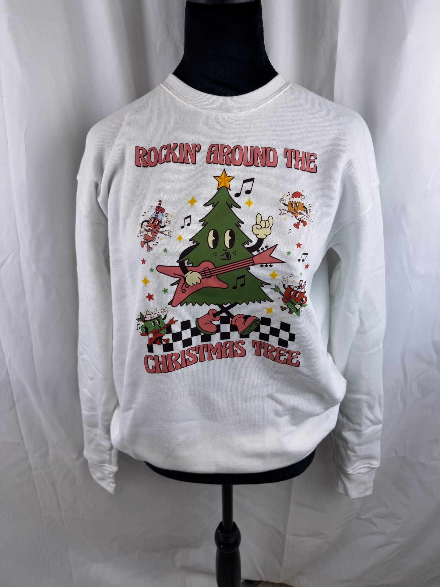 Rockin Around The Christmas Tree Sweatshirt: Cute Christmas Holiday White Crew Neck Sweatshirt