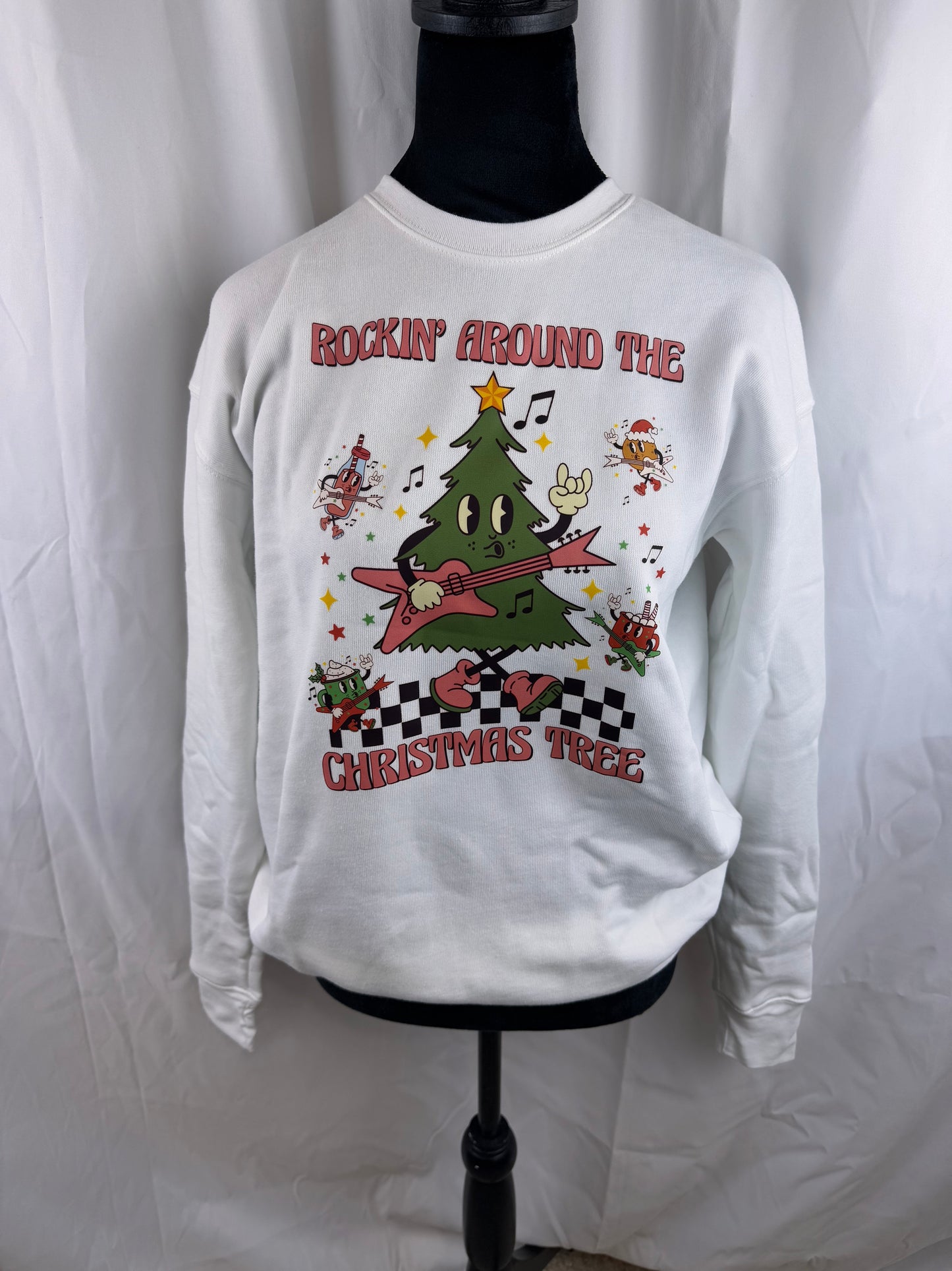 Rockin Around The Christmas Tree Sweatshirt: Cute Christmas Holiday White Crew Neck Sweatshirt