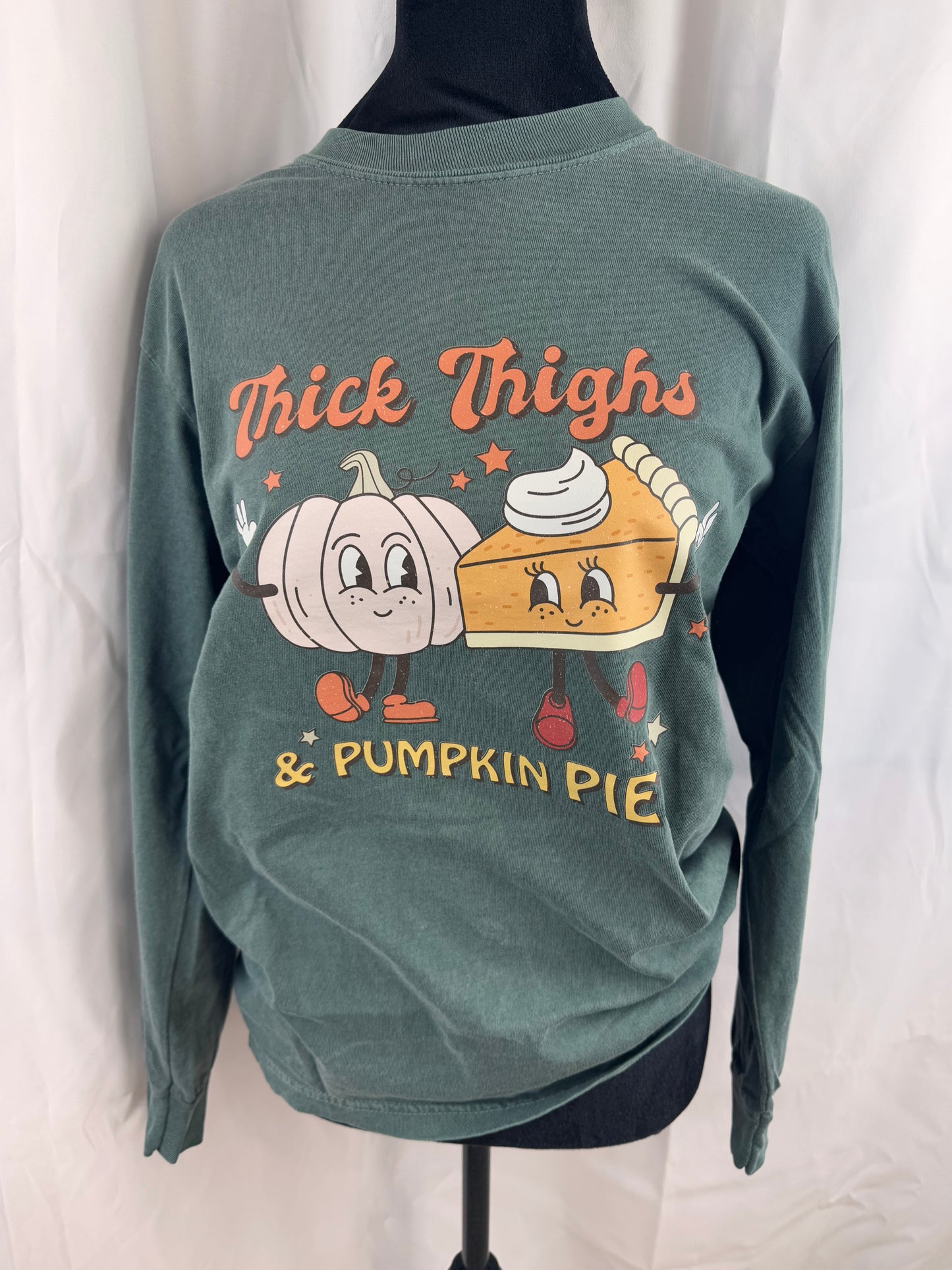 Thick Thighs and Pumpkin Pies Fall Long Sleeve Tshirt In Blue Spruce Green Comfort Colors Long Sleeve