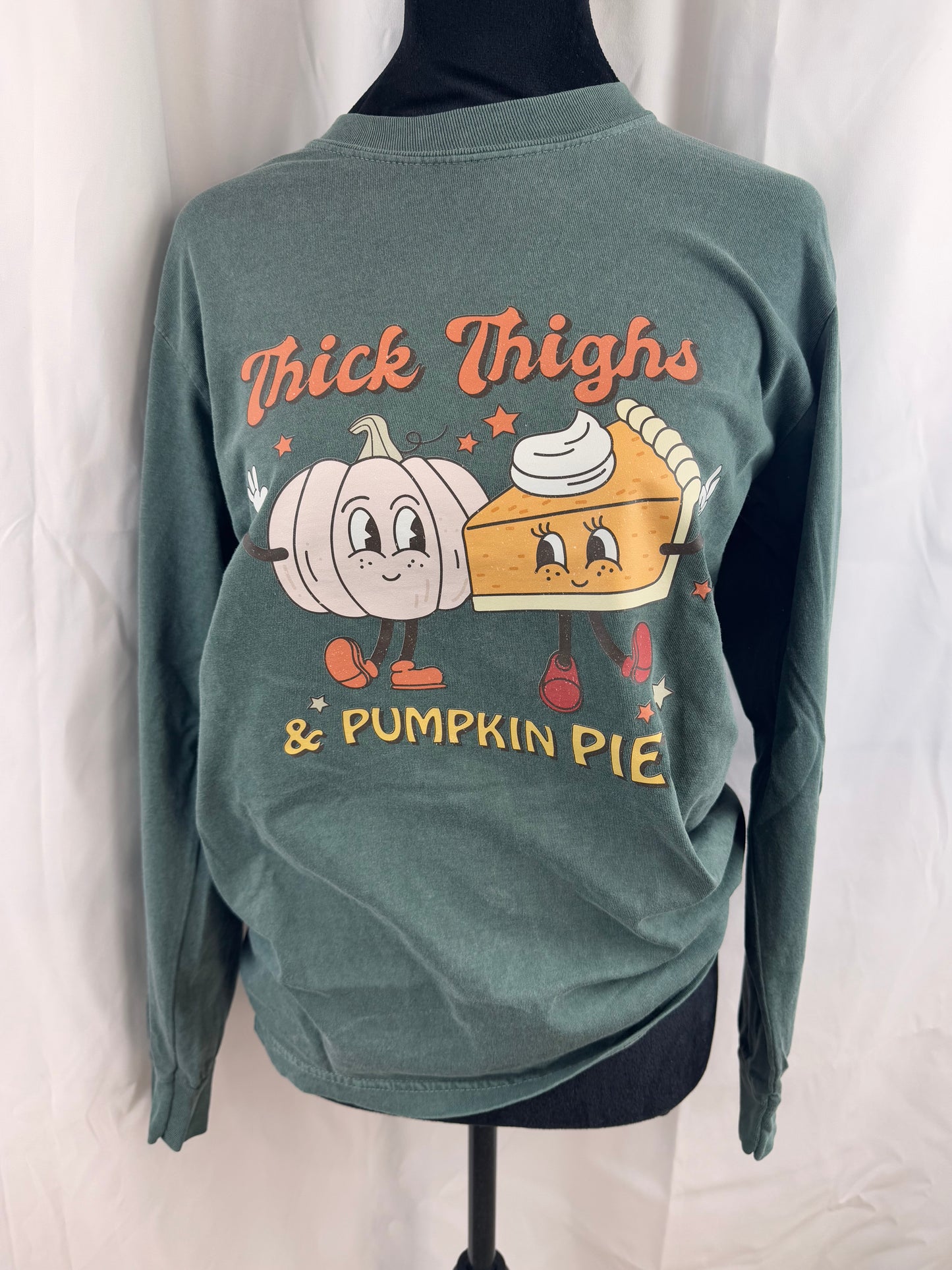 Thick Thighs and Pumpkin Pies Fall Long Sleeve Tshirt In Blue Spruce Green Comfort Colors Long Sleeve