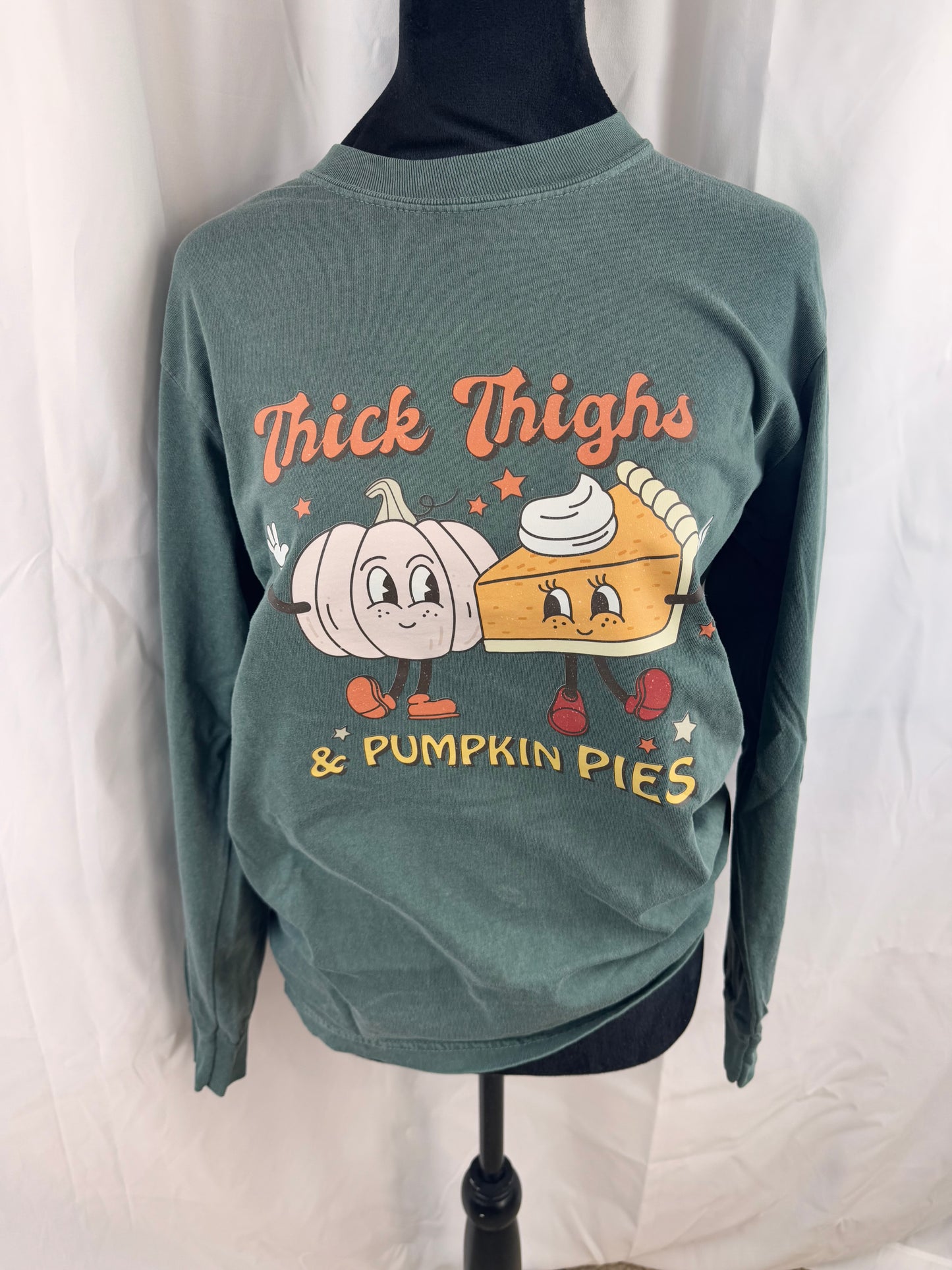 Thick Thighs and Pumpkin Pies Fall Long Sleeve Tshirt In Blue Spruce Green Comfort Colors Long Sleeve