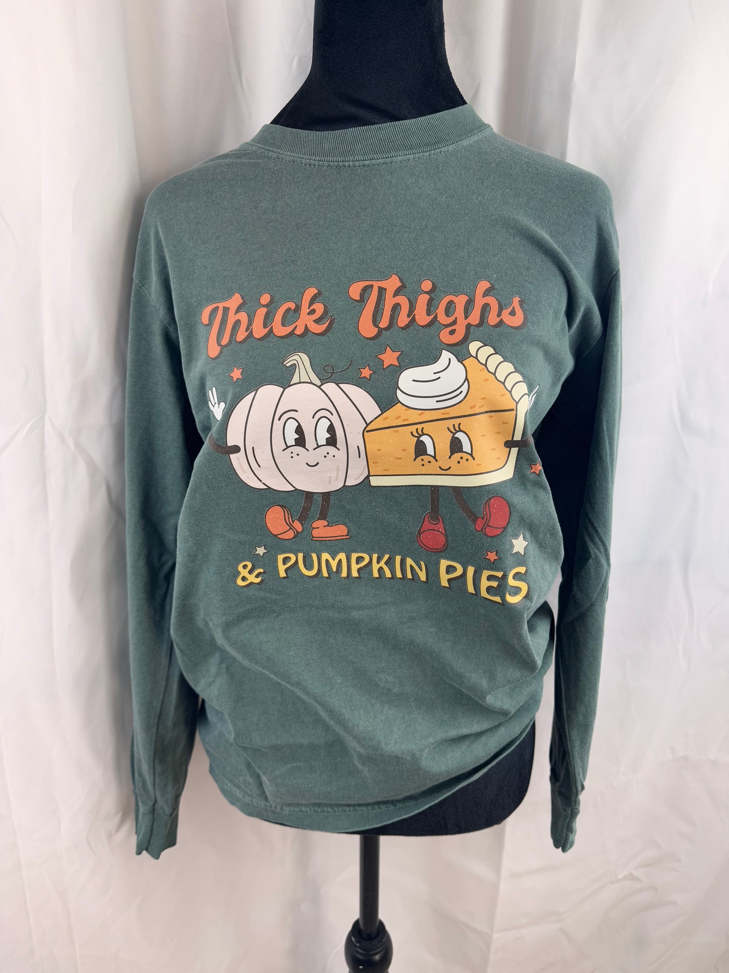 Thick Thighs and Pumpkin Pies Fall Long Sleeve Tshirt In Blue Spruce Green Comfort Colors Long Sleeve