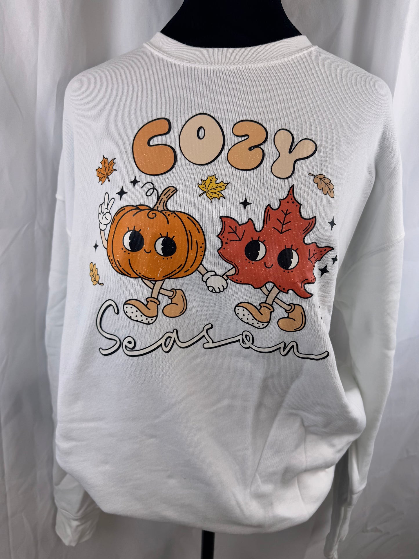 Cozy Soft White Sweatshirt, Cozy Season with Pumpkin and Fall Leaves Design, Graphic Tees, DTF Sweatshirt