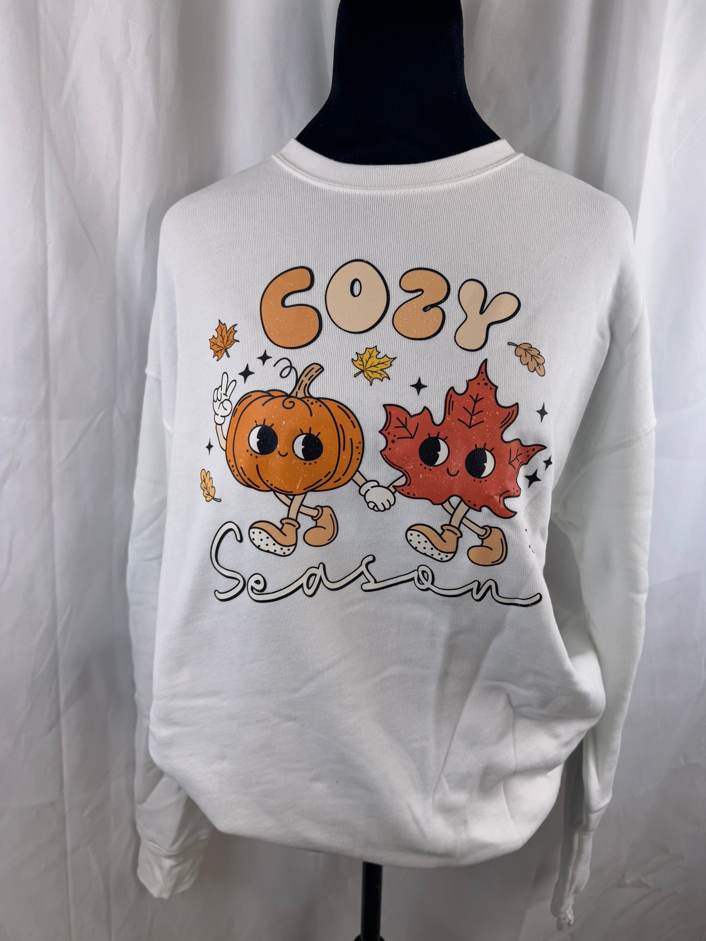 Cozy Soft White Sweatshirt, Cozy Season with Pumpkin and Fall Leaves Design, Graphic Tees, DTF Sweatshirt