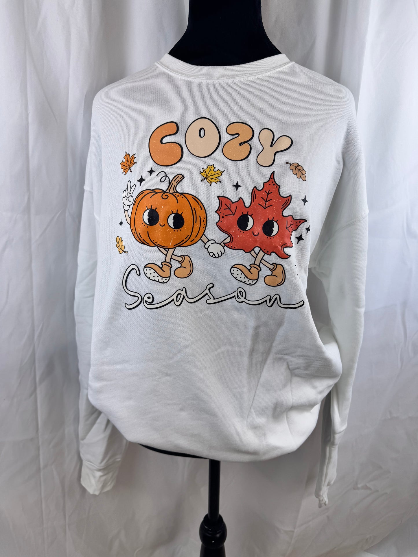 Cozy Soft White Sweatshirt, Cozy Season with Pumpkin and Fall Leaves Design, Graphic Tees, DTF Sweatshirt