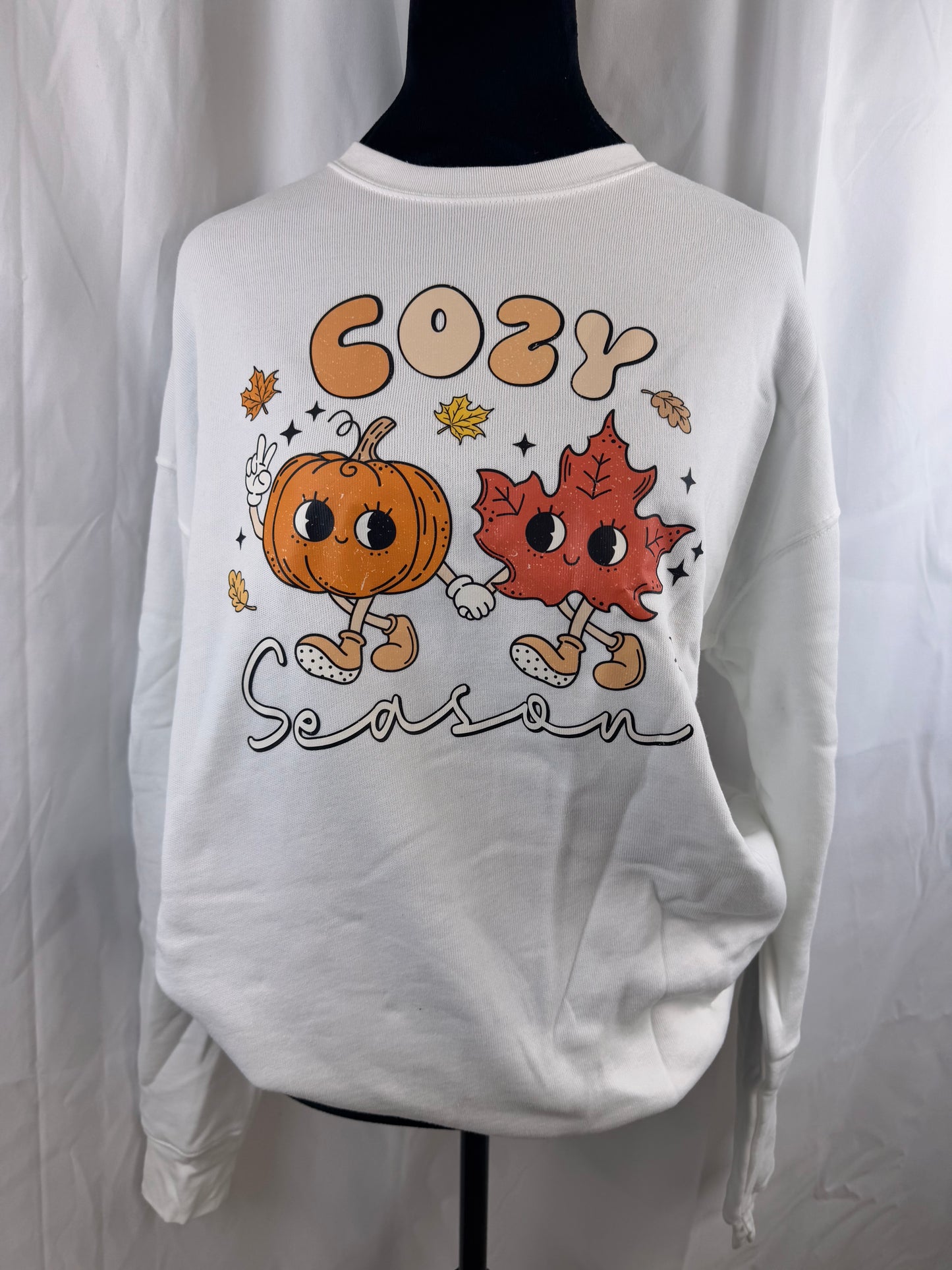 Cozy Soft White Sweatshirt, Cozy Season with Pumpkin and Fall Leaves Design, Graphic Tees, DTF Sweatshirt